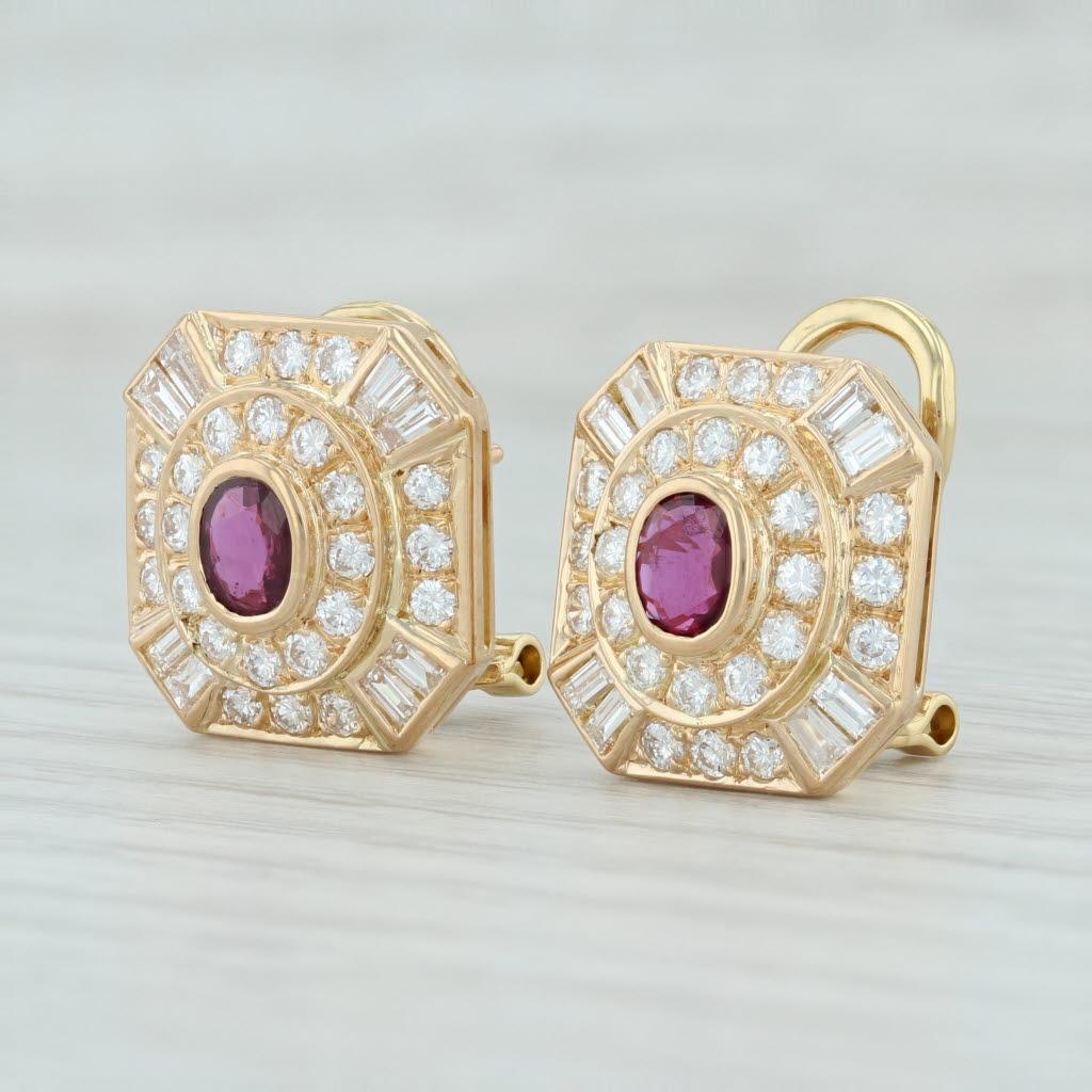 Oval Cut 2.30ctw Ruby Diamond Halo Earrings 14k Yellow Gold Pierced Omega Backs For Sale