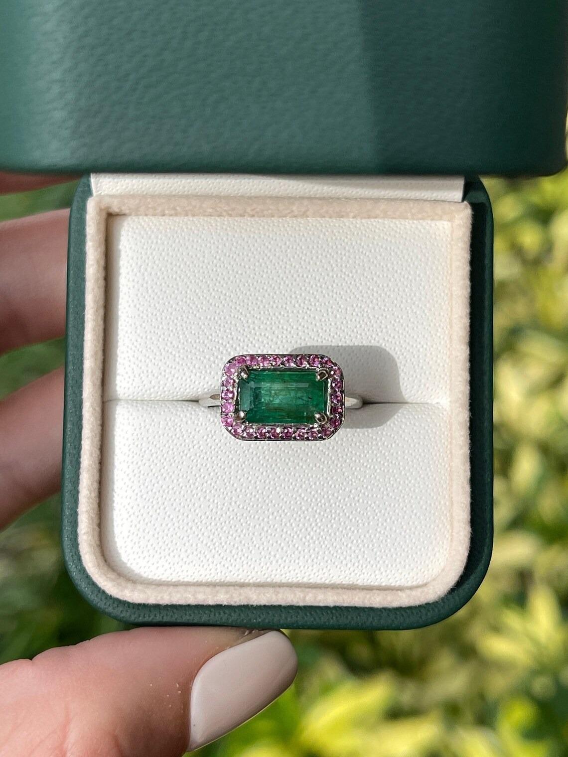 Emerald Cut 2.30tcw 14K Natural Dark Green Emerald & Pink Sapphire Halo East to West Ring For Sale