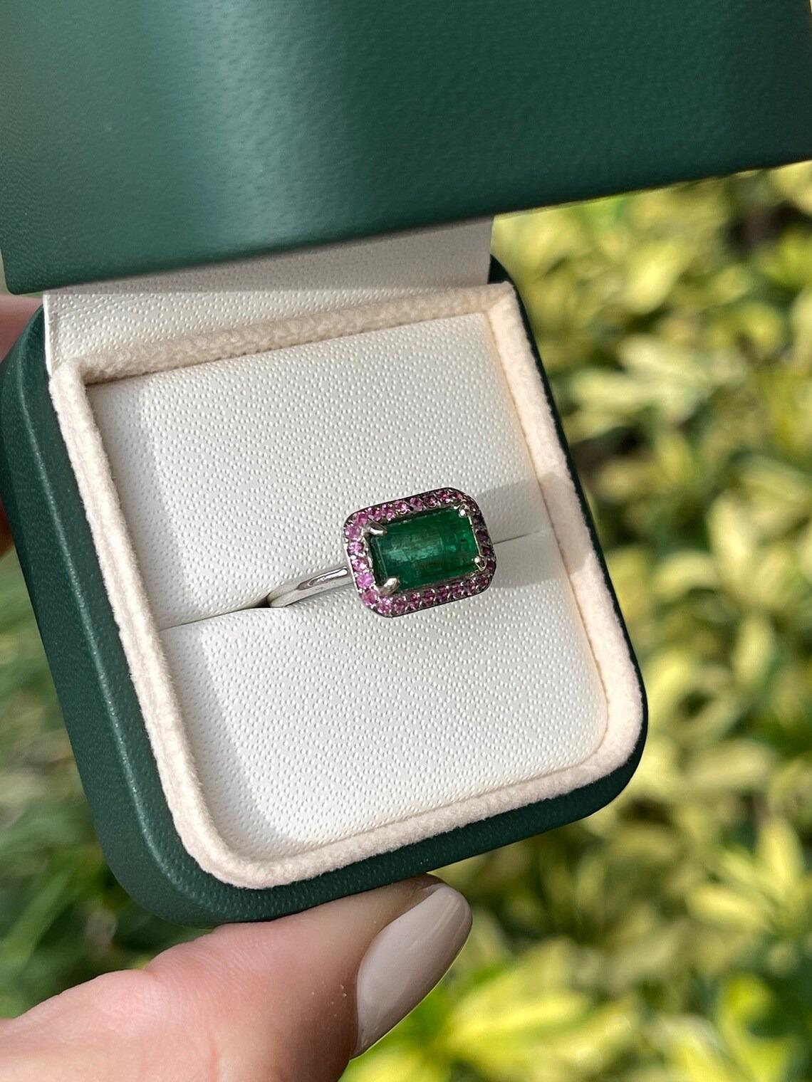 2.30tcw 14K Natural Dark Green Emerald & Pink Sapphire Halo East to West Ring In New Condition For Sale In Jupiter, FL