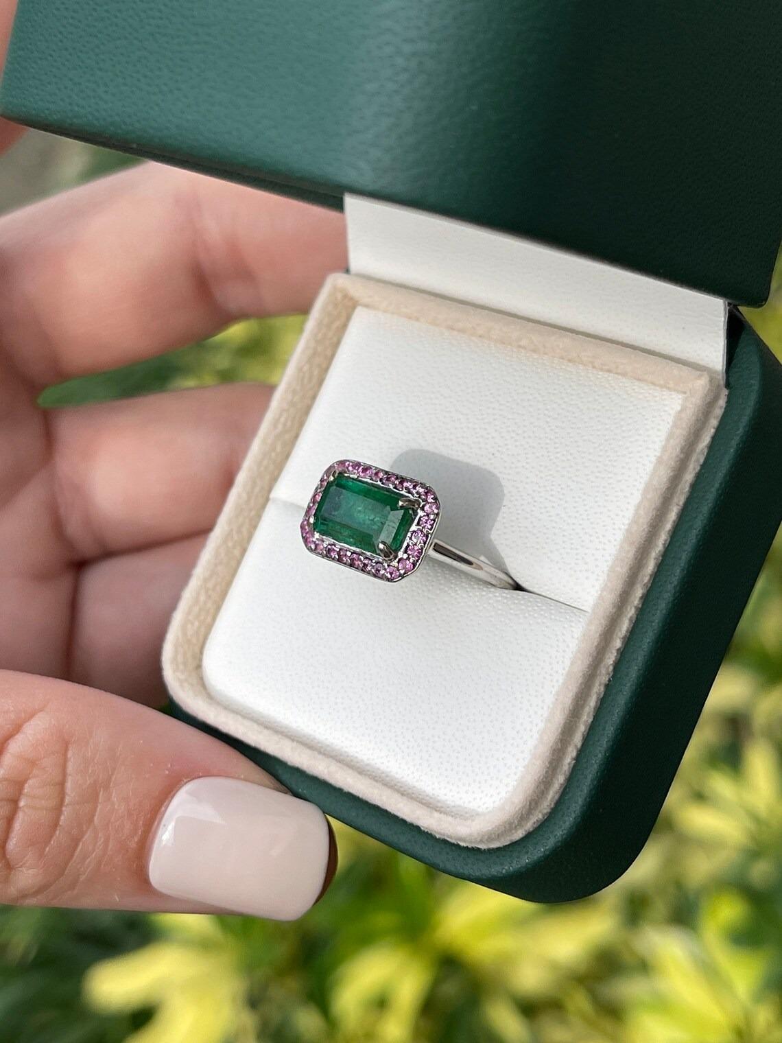 Women's 2.30tcw 14K Natural Dark Green Emerald & Pink Sapphire Halo East to West Ring For Sale