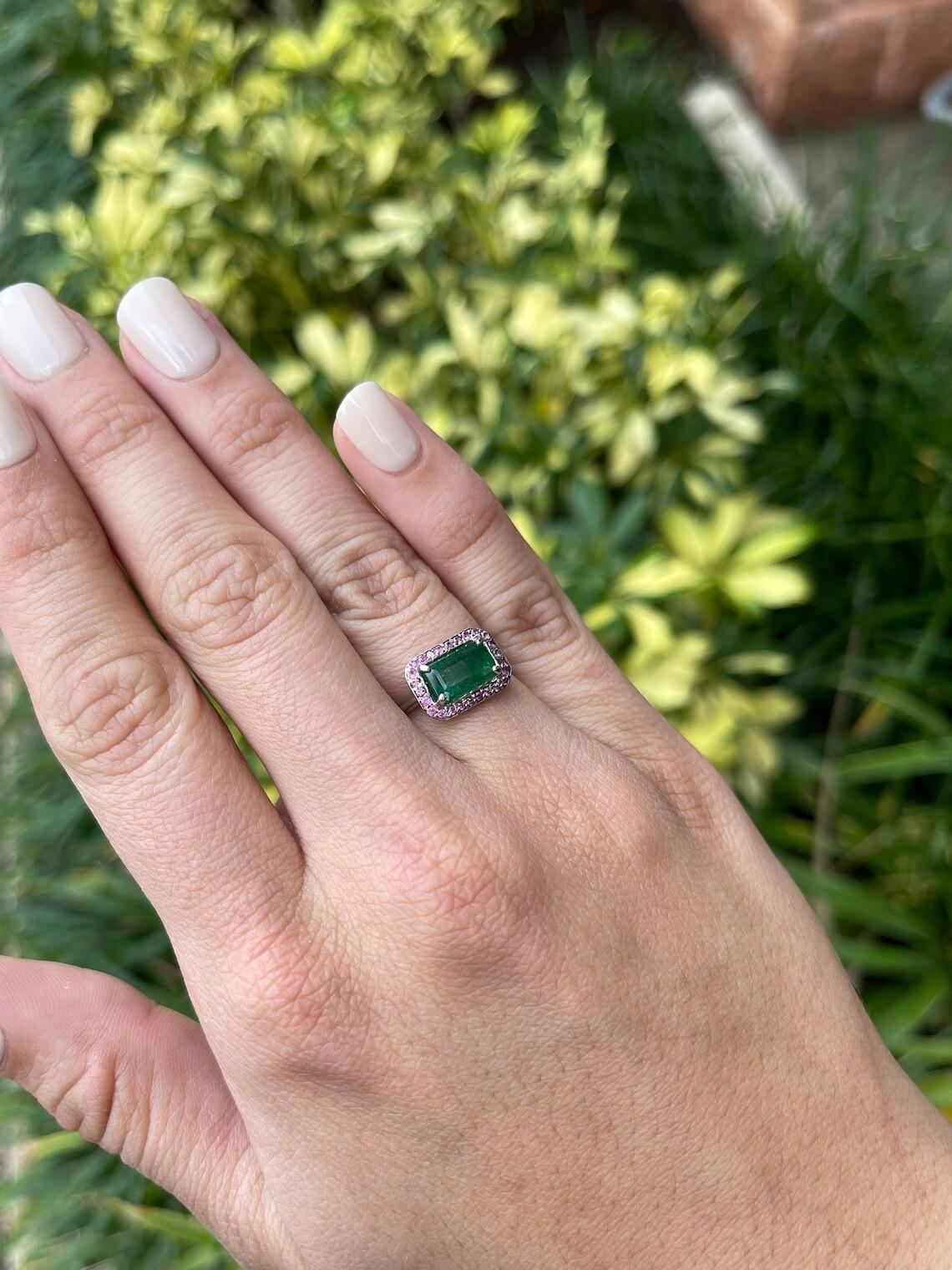 2.30tcw 14K Natural Dark Green Emerald & Pink Sapphire Halo East to West Ring For Sale 1