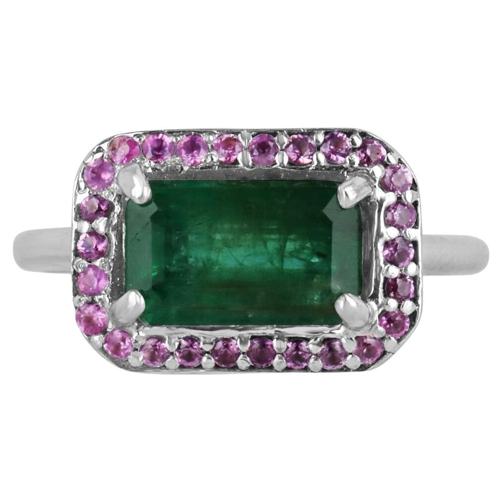 2.30tcw 14K Natural Dark Green Emerald & Pink Sapphire Halo East to West Ring For Sale