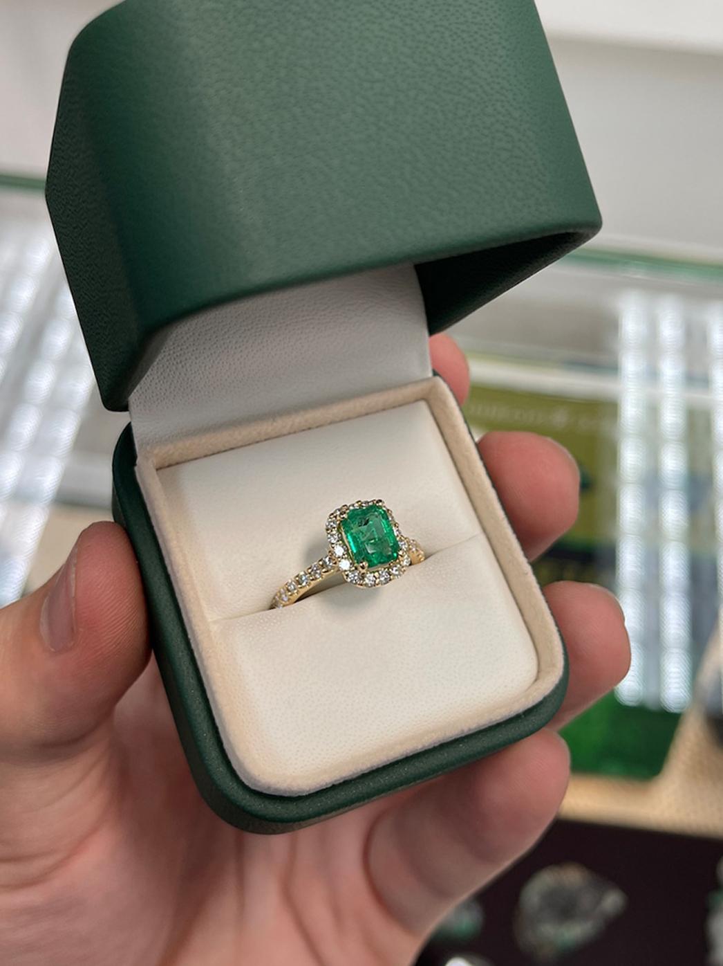2.30tcw 14K Natural Emerald & Diamond Halo Engagement Solid Yellow Gold Ring For Sale 3