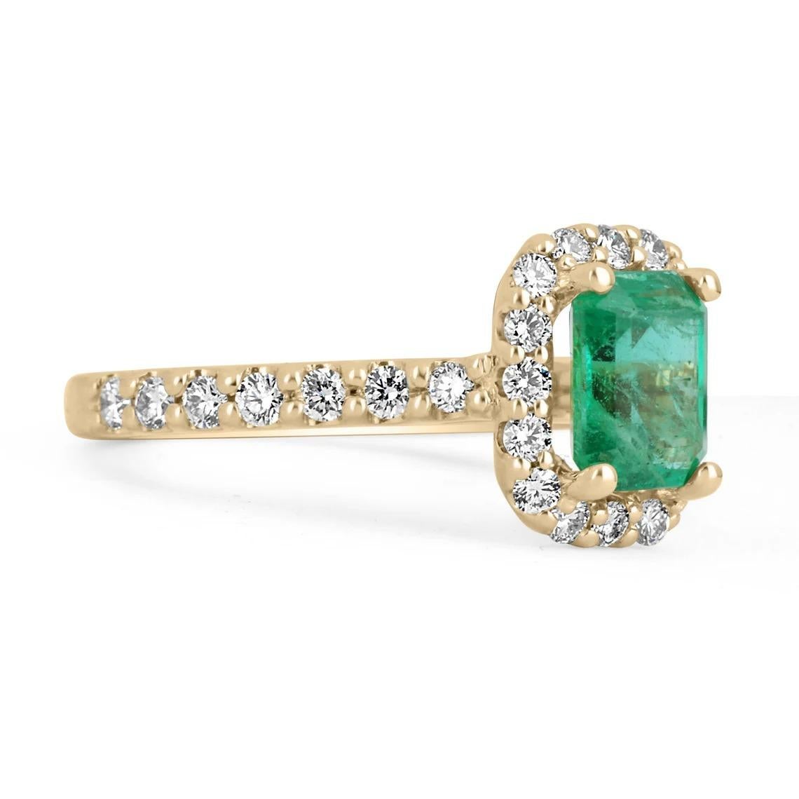 The perfect emerald and diamond halo engagement ring! The center stone showcases a full 1.50-carat natural emerald-emerald cut. This emerald displays a gorgeous dark green color and perfectly imperfect imperfections within this natural gemstone.