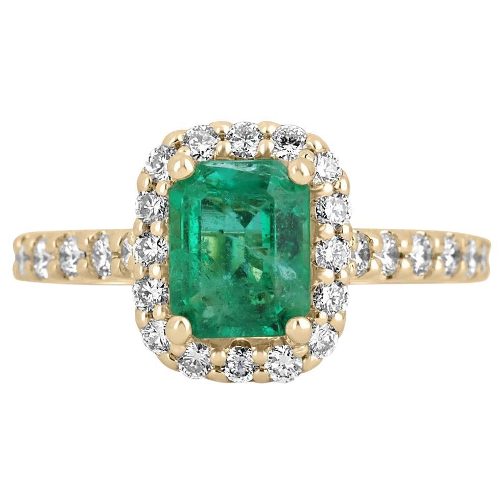 2.30tcw 14K Natural Emerald & Diamond Halo Engagement Solid Yellow Gold Ring For Sale