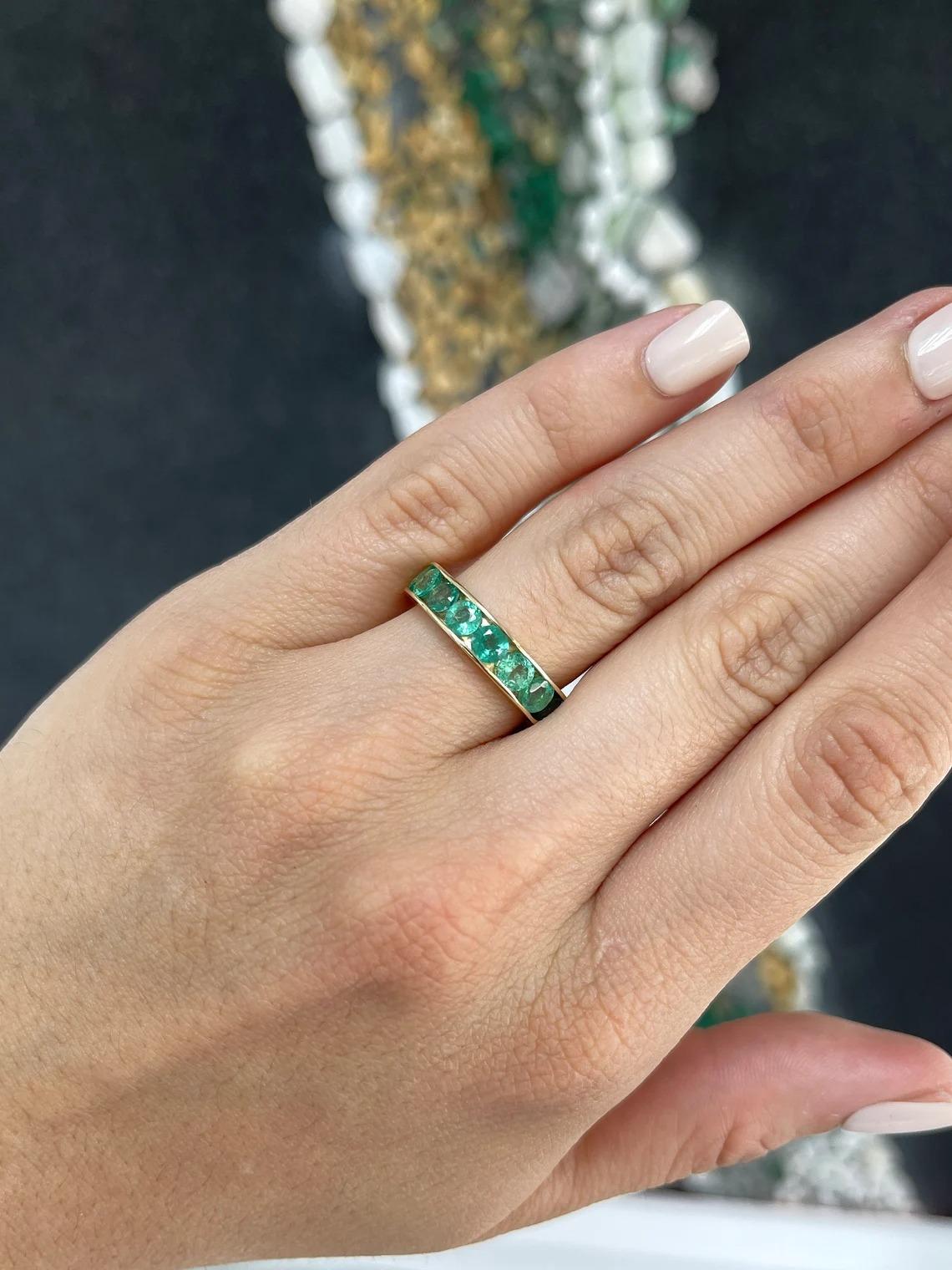 2.30tcw 14K Round Cut Medium Green Emerald Channel Set 5.3mm Wide Band Gold Ring In New Condition For Sale In Jupiter, FL