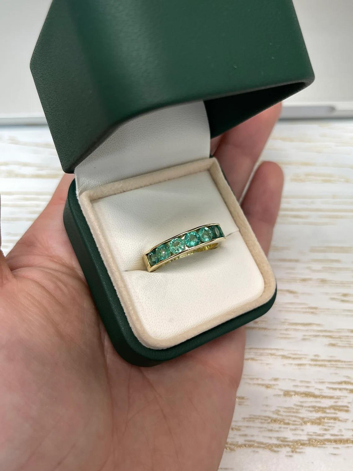 2.30tcw 14K Round Cut Medium Green Emerald Channel Set 5.3mm Wide Band Gold Ring For Sale 2