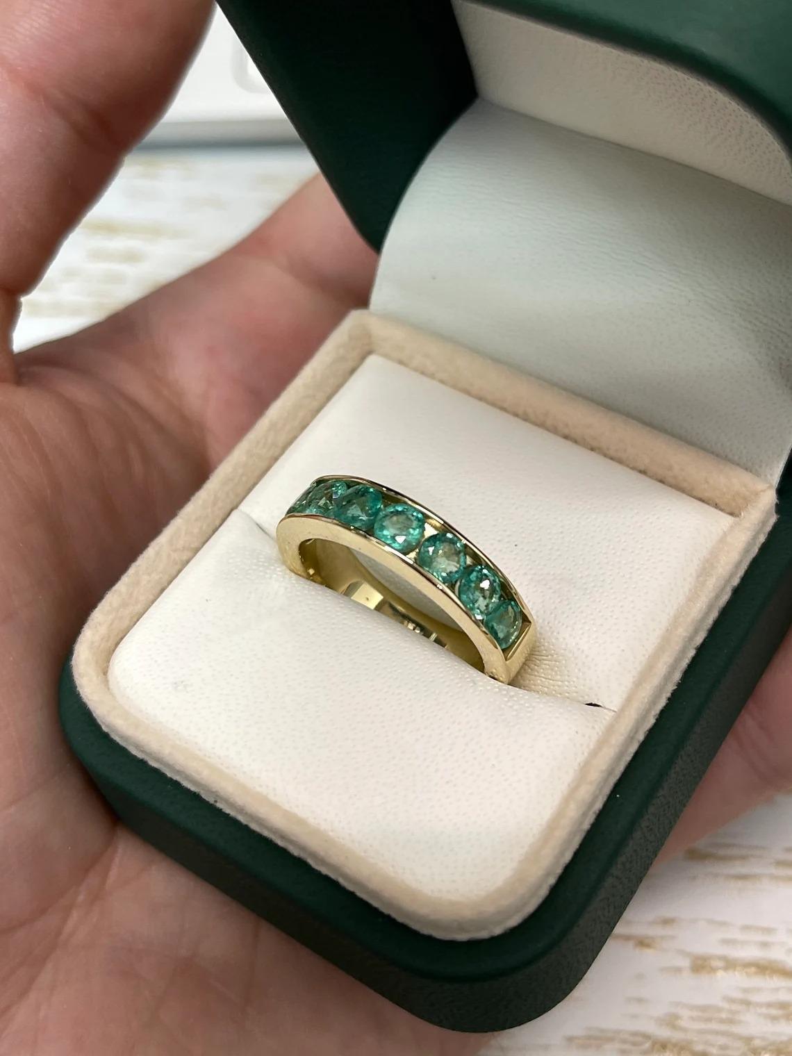 2.30tcw 14K Round Cut Medium Green Emerald Channel Set 5.3mm Wide Band Gold Ring For Sale 3