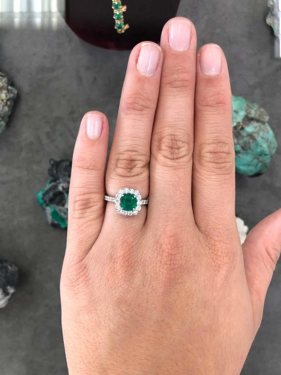 Modern 2.30tcw AAA+ Colombian Emerald-Asscher Cut & Diamond Halo Engagement Ring For Sale