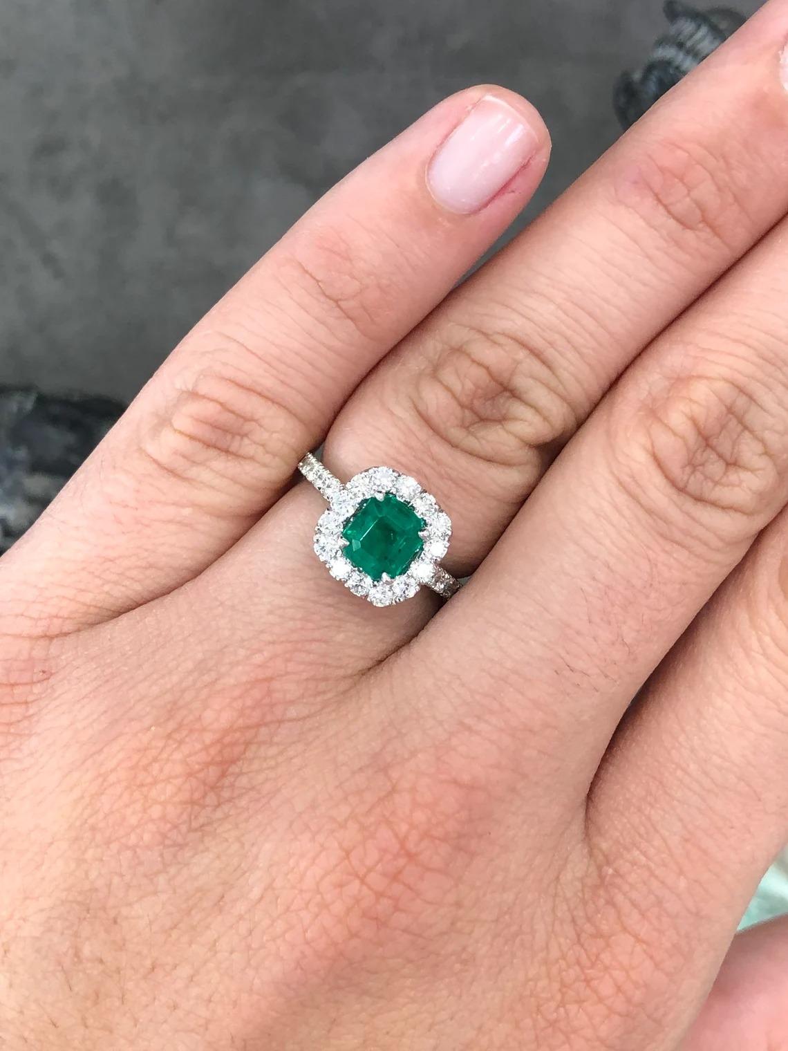 2.30tcw AAA+ Colombian Emerald-Asscher Cut & Diamond Halo Engagement Ring In New Condition For Sale In Jupiter, FL