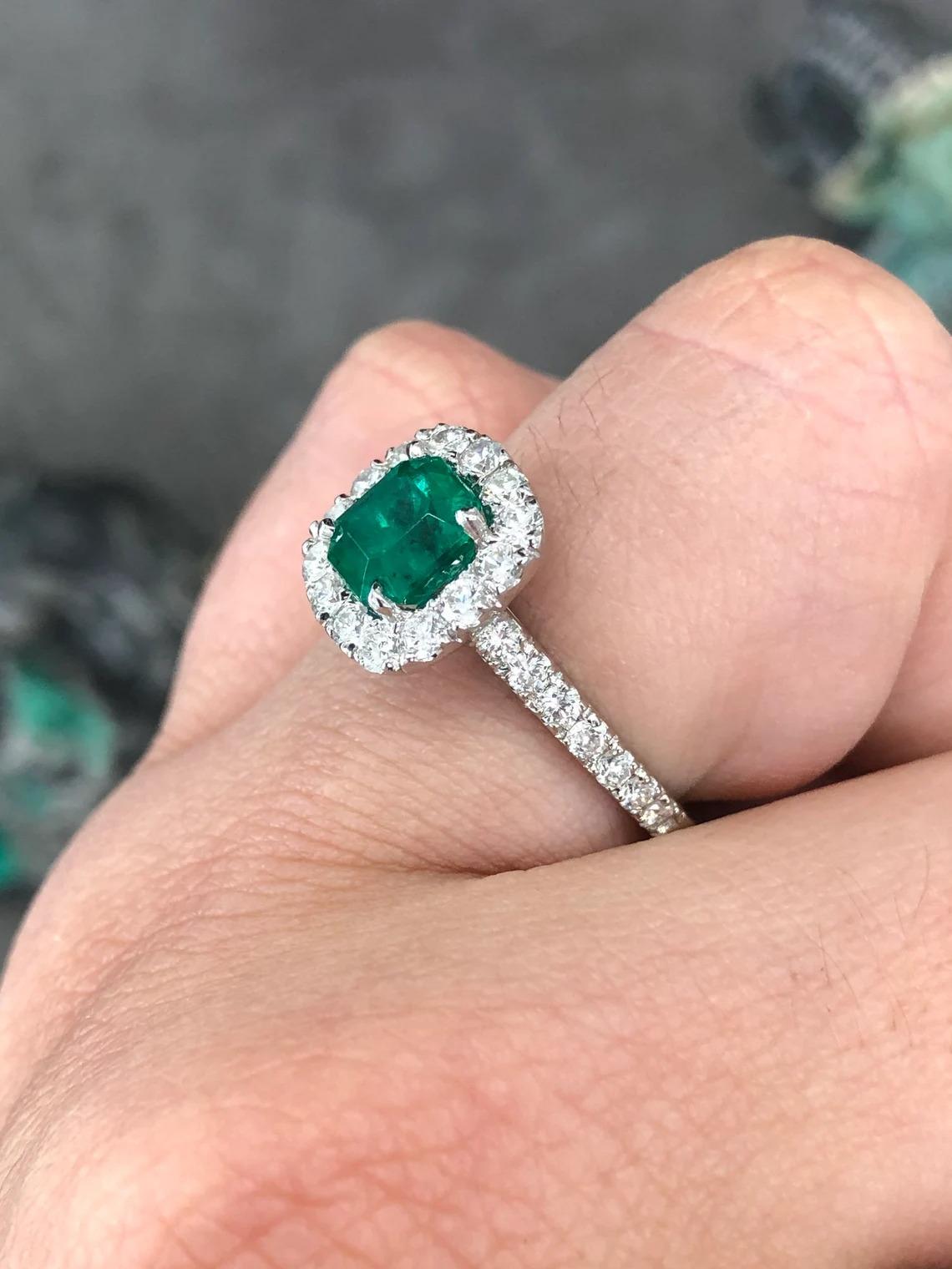 Women's 2.30tcw AAA+ Colombian Emerald-Asscher Cut & Diamond Halo Engagement Ring For Sale