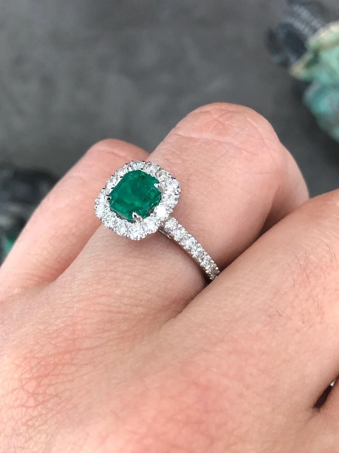 2.30tcw AAA+ Colombian Emerald-Asscher Cut & Diamond Halo Engagement Ring For Sale 1