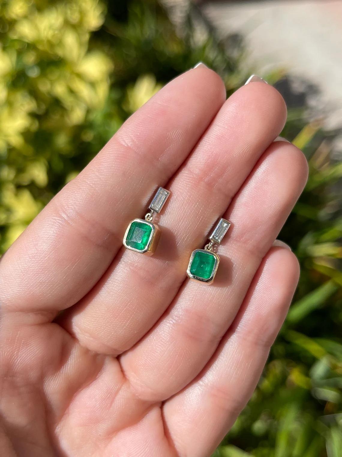 Modern 2.30tcw Natural Emerald-Asscher Cut & Diamond Baguette Dangle Earrings 14K For Sale