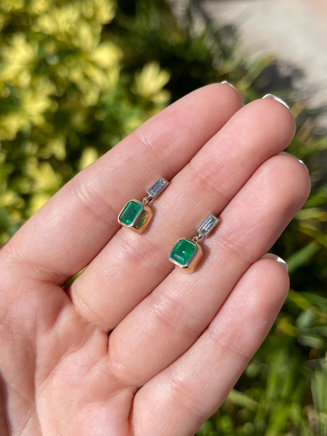 Women's 2.30tcw Natural Emerald-Asscher Cut & Diamond Baguette Dangle Earrings 14K For Sale