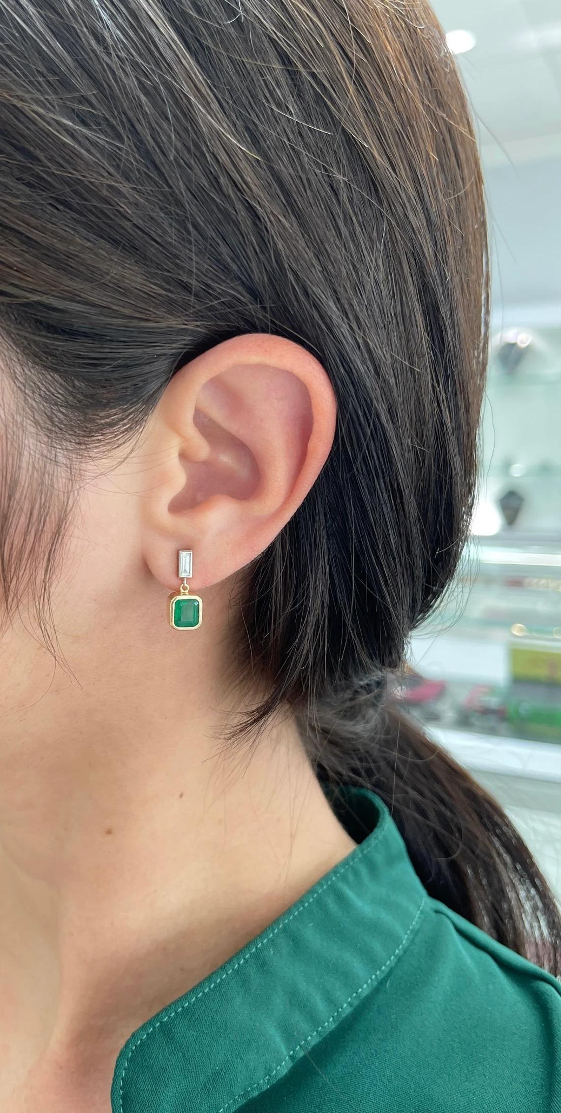 2.30tcw Natural Emerald-Asscher Cut & Diamond Baguette Dangle Earrings 14K For Sale 1