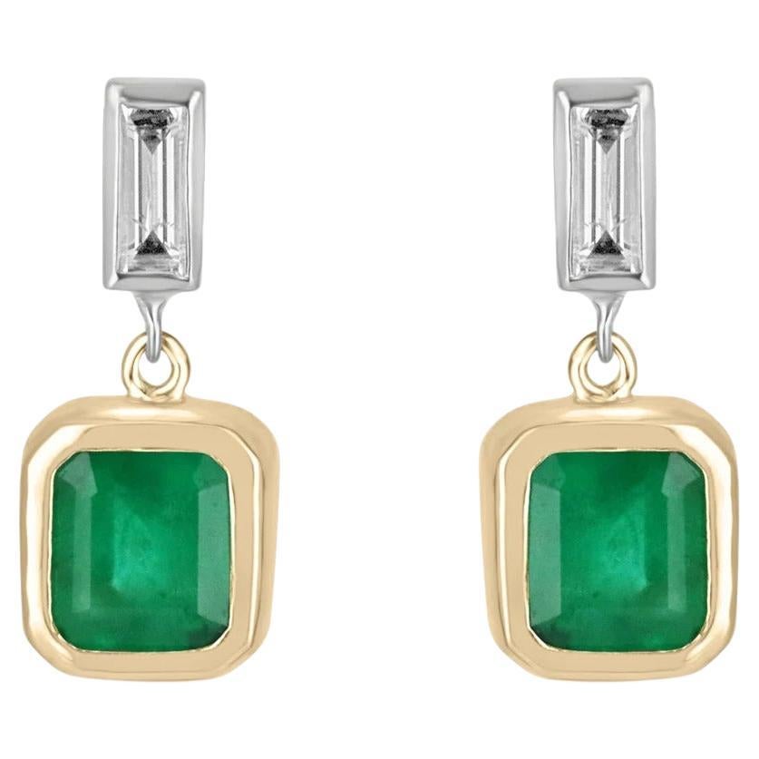 2.30tcw Natural Emerald-Asscher Cut & Diamond Baguette Dangle Earrings 14K For Sale