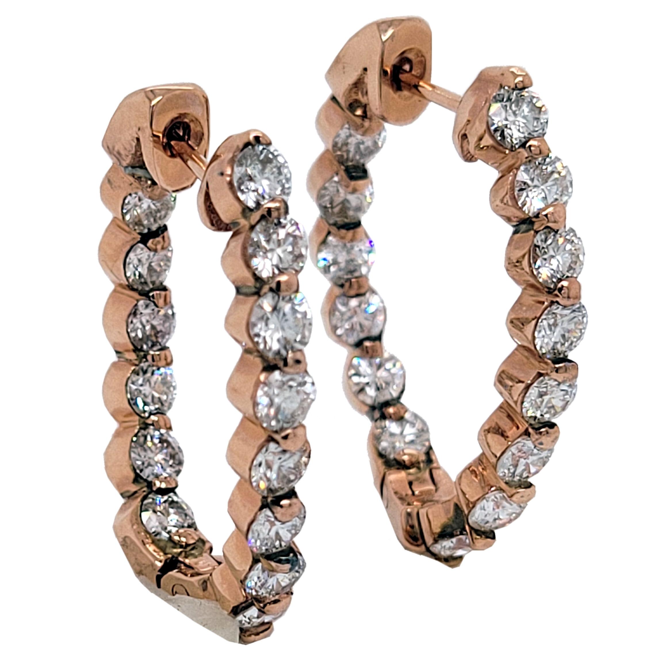 Modern 2.39 Carat 14 Karat Gold Shared Prong Set Inside/Outside Oval Hoop Earrings For Sale