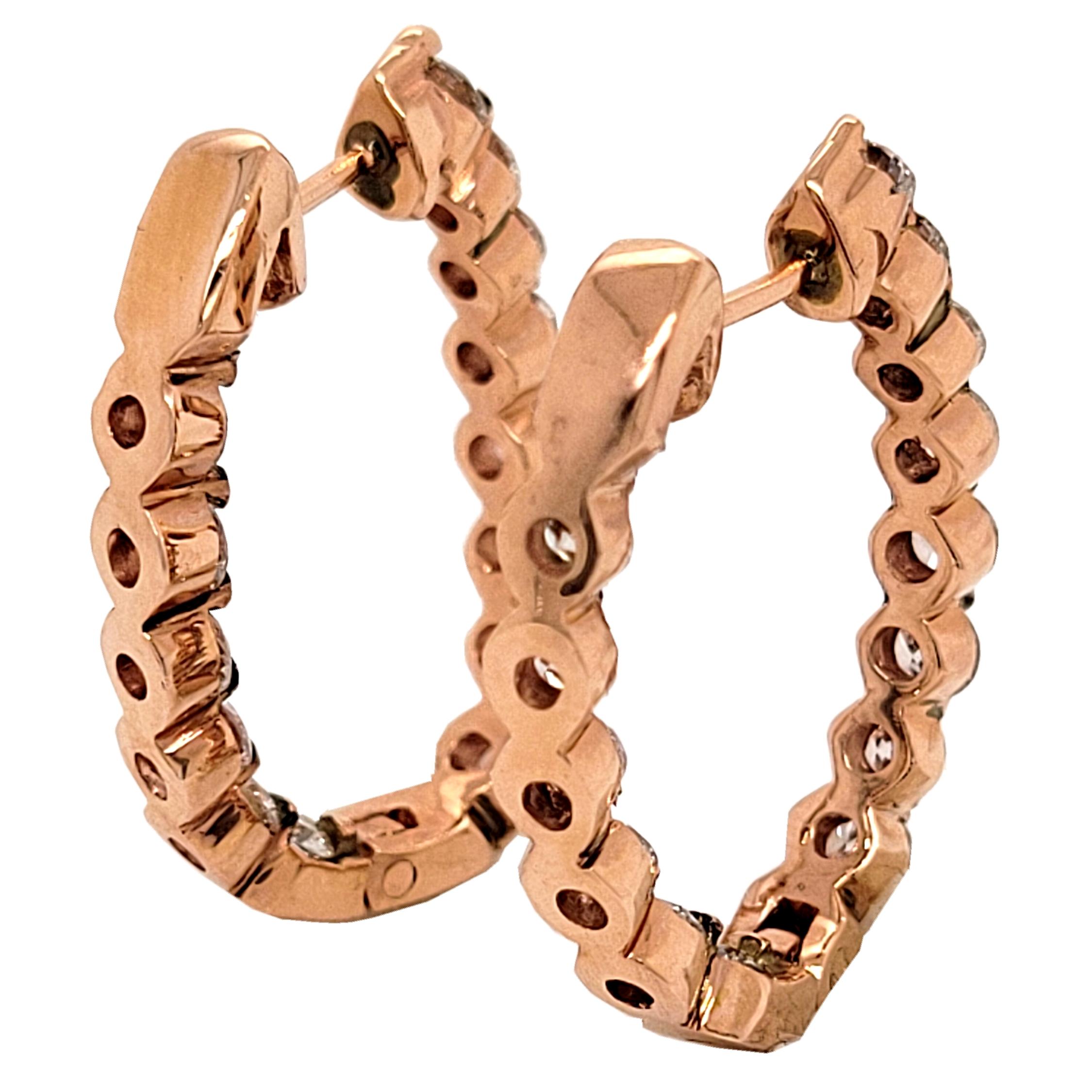 Women's 2.39 Carat 14 Karat Gold Shared Prong Set Inside/Outside Oval Hoop Earrings For Sale