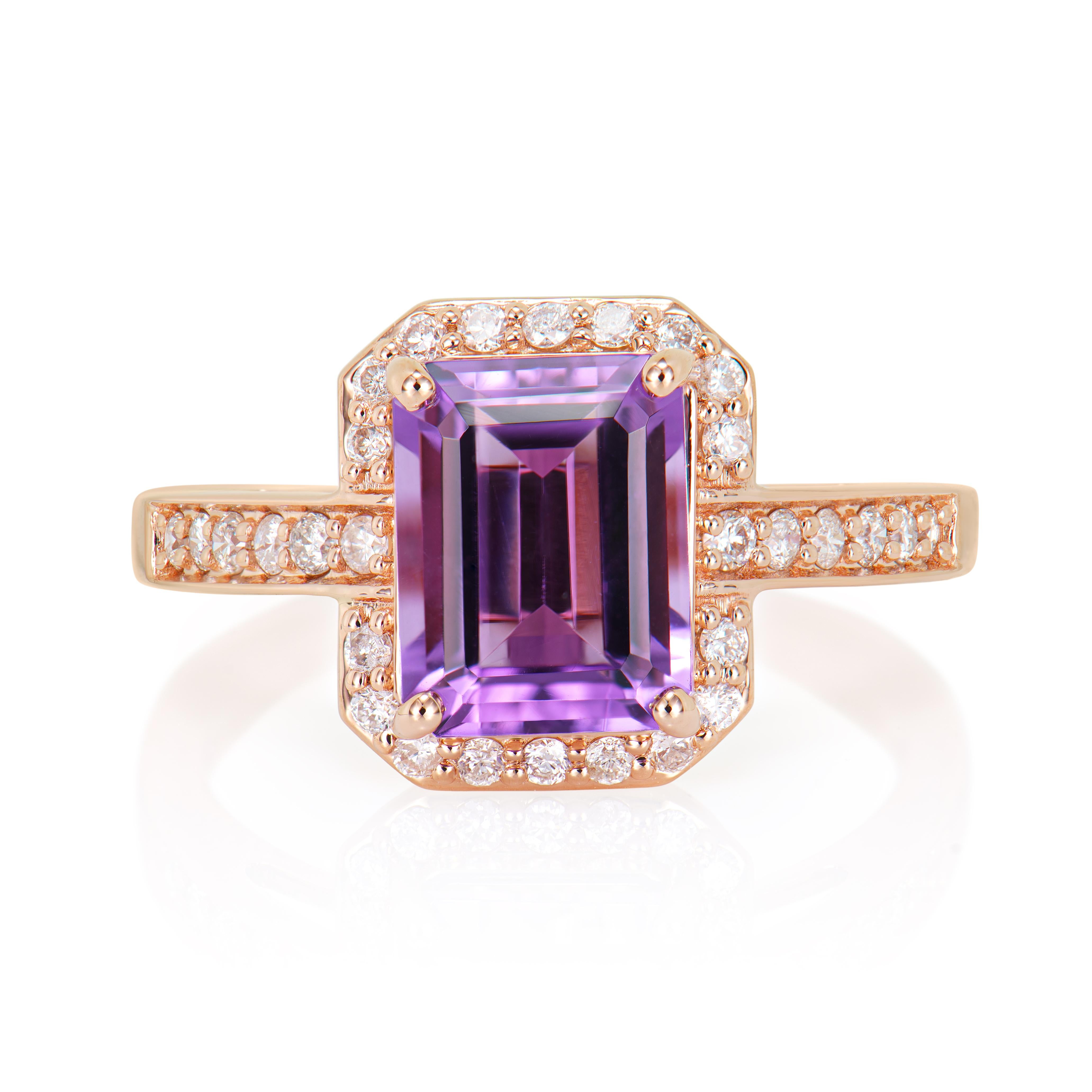 Contemporary 2.31 Carat Amethyst Fancy Ring in 14Karat Rose Gold with White Diamond.   For Sale