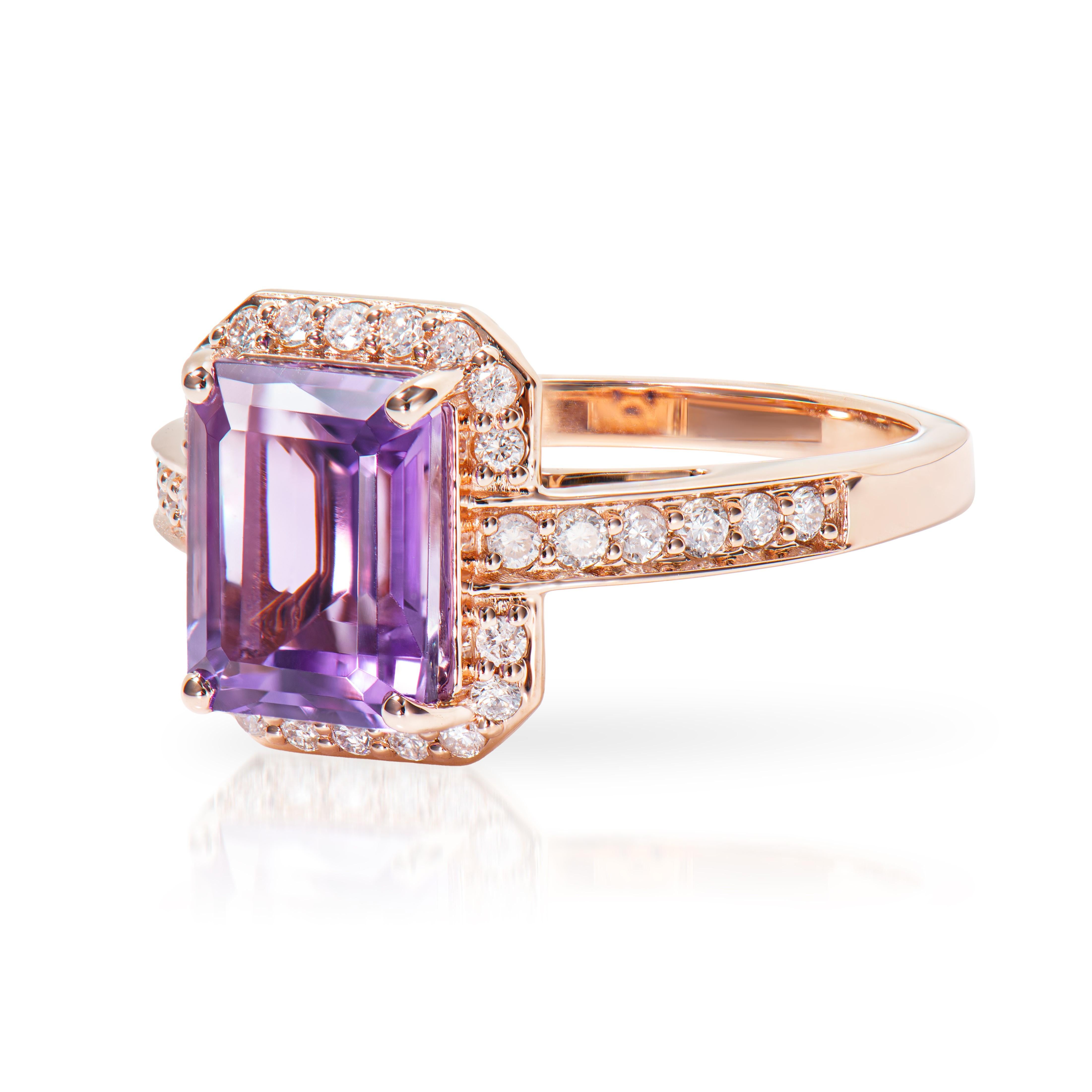 Octagon Cut 2.31 Carat Amethyst Fancy Ring in 14Karat Rose Gold with White Diamond.   For Sale