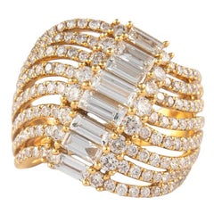 2.31 Carat Baguette and Round Diamond Cocktail Ring 18 Karat Yellow Gold