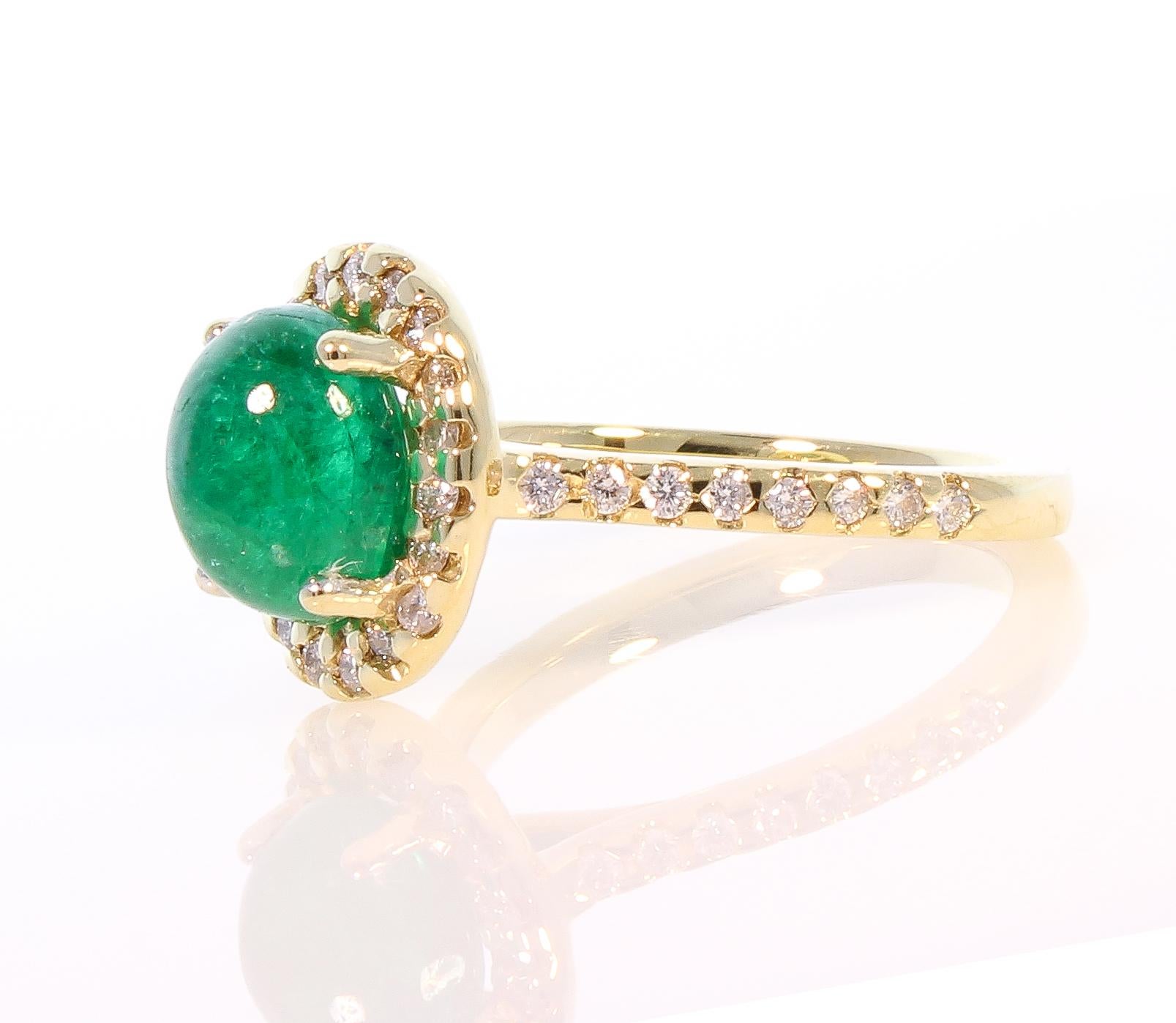 Contemporary 2.31 Carat Cabochon Emerald and Diamond Cocktail Ring in 18 Karat Yellow Gold
