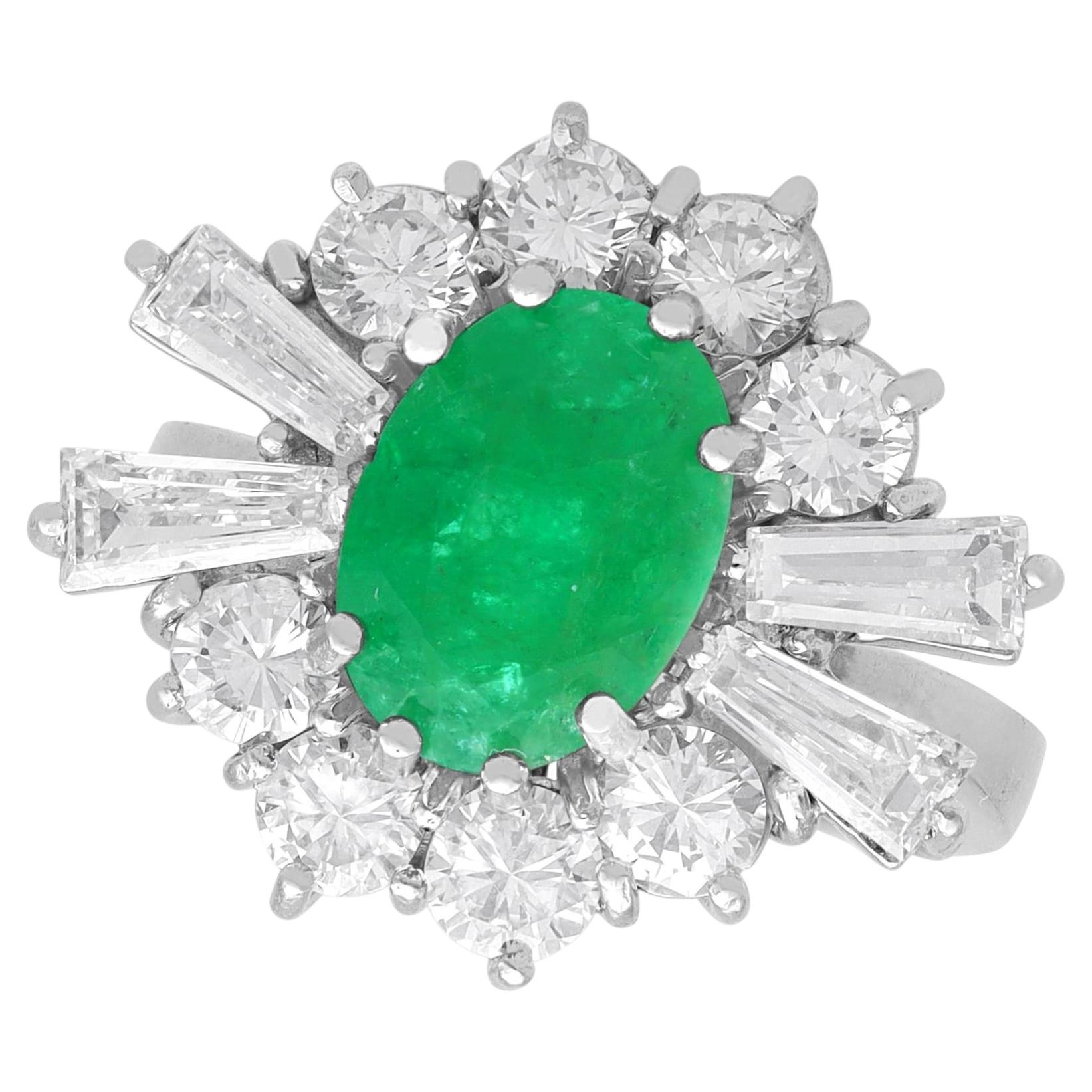 2.31 Carat Emerald and 2.12 Carat Diamond 18k White Gold Cluster Ring Circa 1970 For Sale