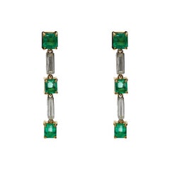 2.31 Carat Emerald & Baguette Diamond 18K Gold Drop Earrings