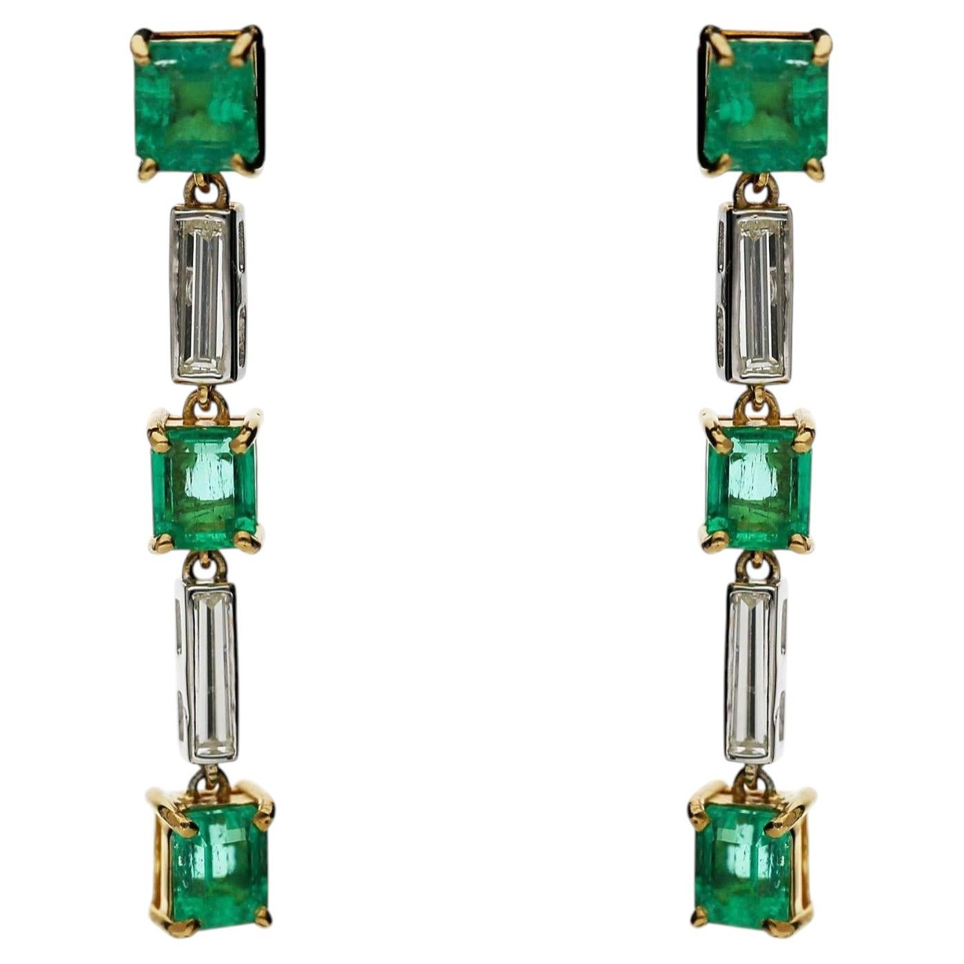 2.31 Carat Emerald & Baguette Diamond 18K Gold Drop Earrings