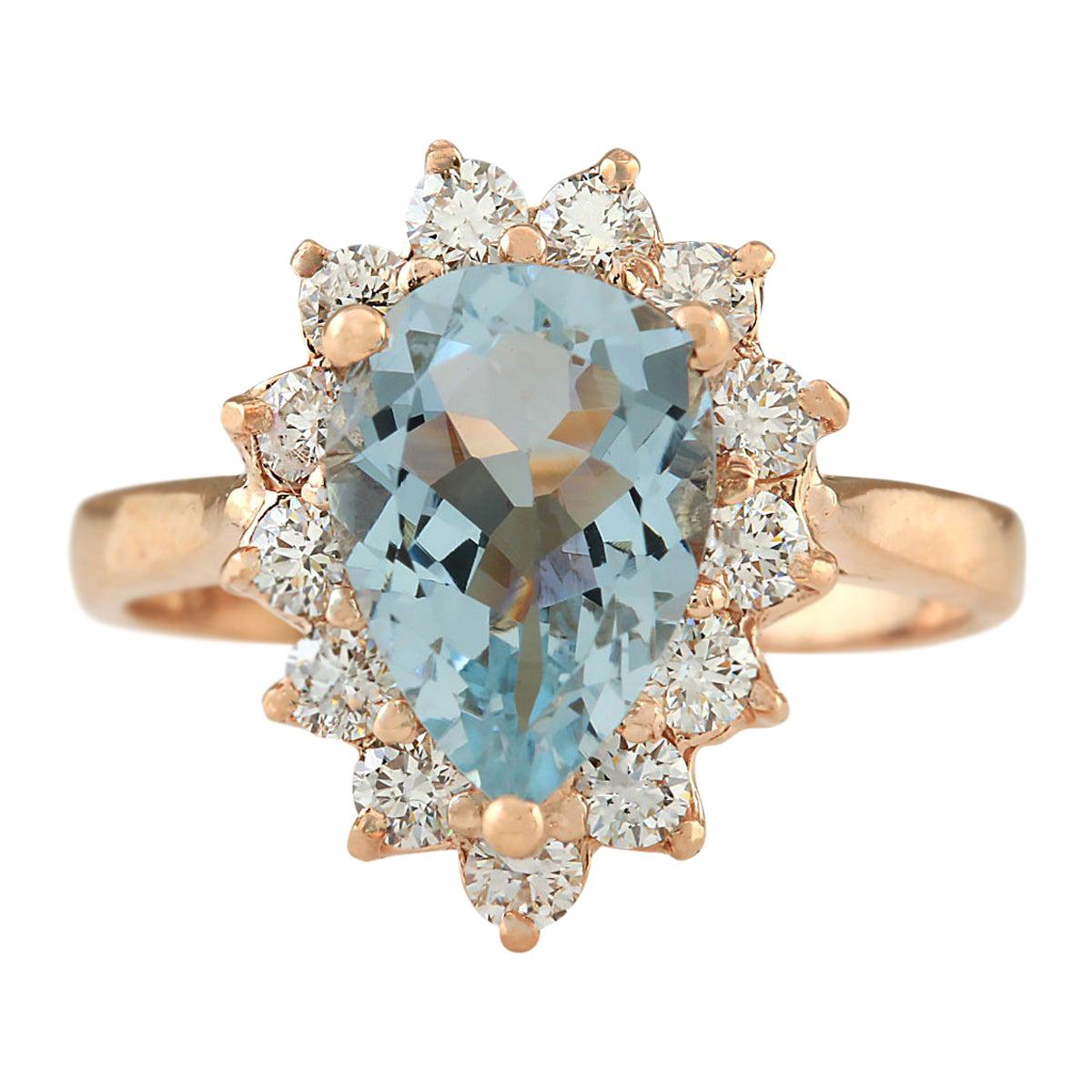 Natural Aquamarine Diamond Ring In 14 Karat Rose Gold  For Sale