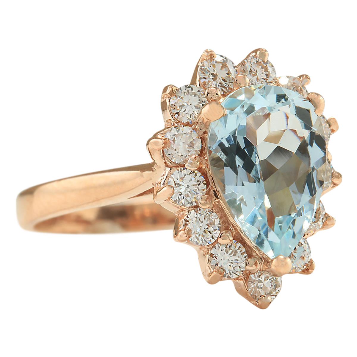 Stamped: 14K Rose Gold
Total Ring Weight: 4.0 Grams
Total Natural Aquamarine Weight is 1.56 Carat (Measures: 10.00x7.00 mm)
Color: Blue
Total Natural Diamond Weight is 0.75 Carat
Color: F-G, Clarity: VS2-SI1
Face Measures: 15.25x11.80 mm
Sku: