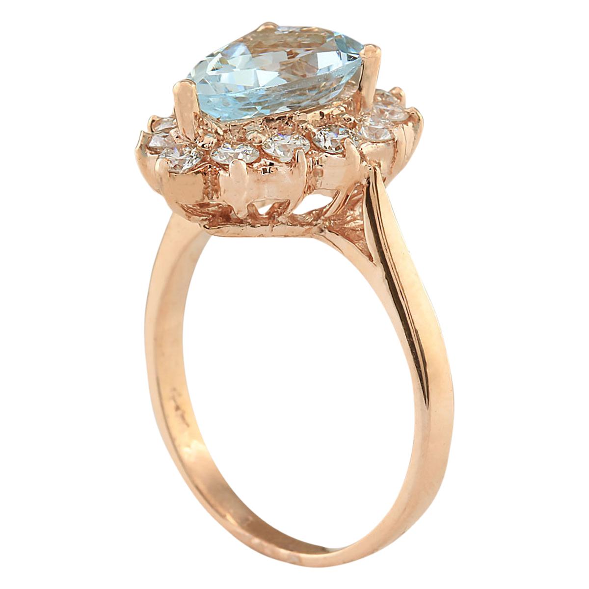 Pear Cut Natural Aquamarine Diamond Ring In 14 Karat Rose Gold  For Sale
