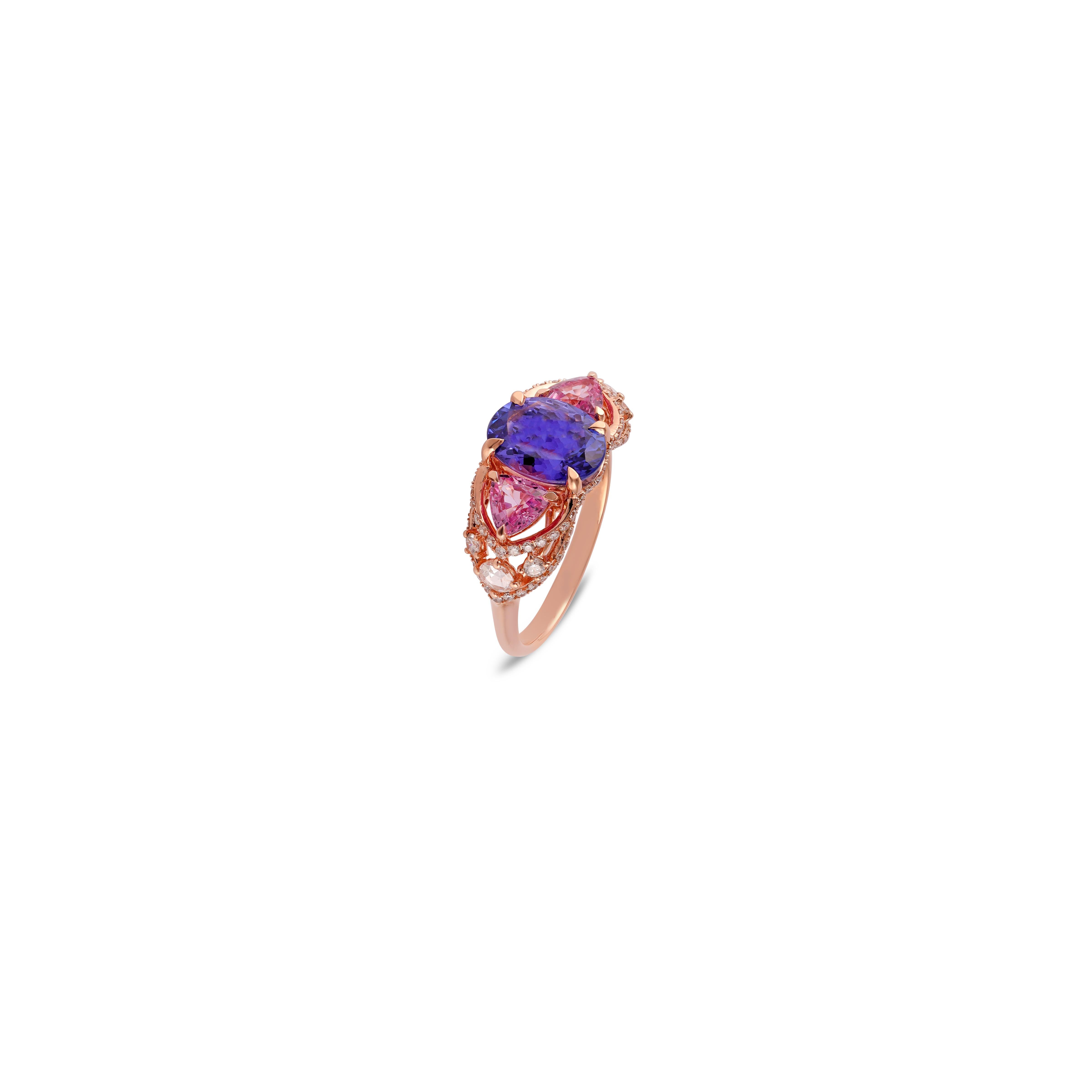 2,31 Karat Natürlicher Tansanit, Pinker Saphir und Diamant Ring 18k Rose Gold (Cabochon) im Angebot