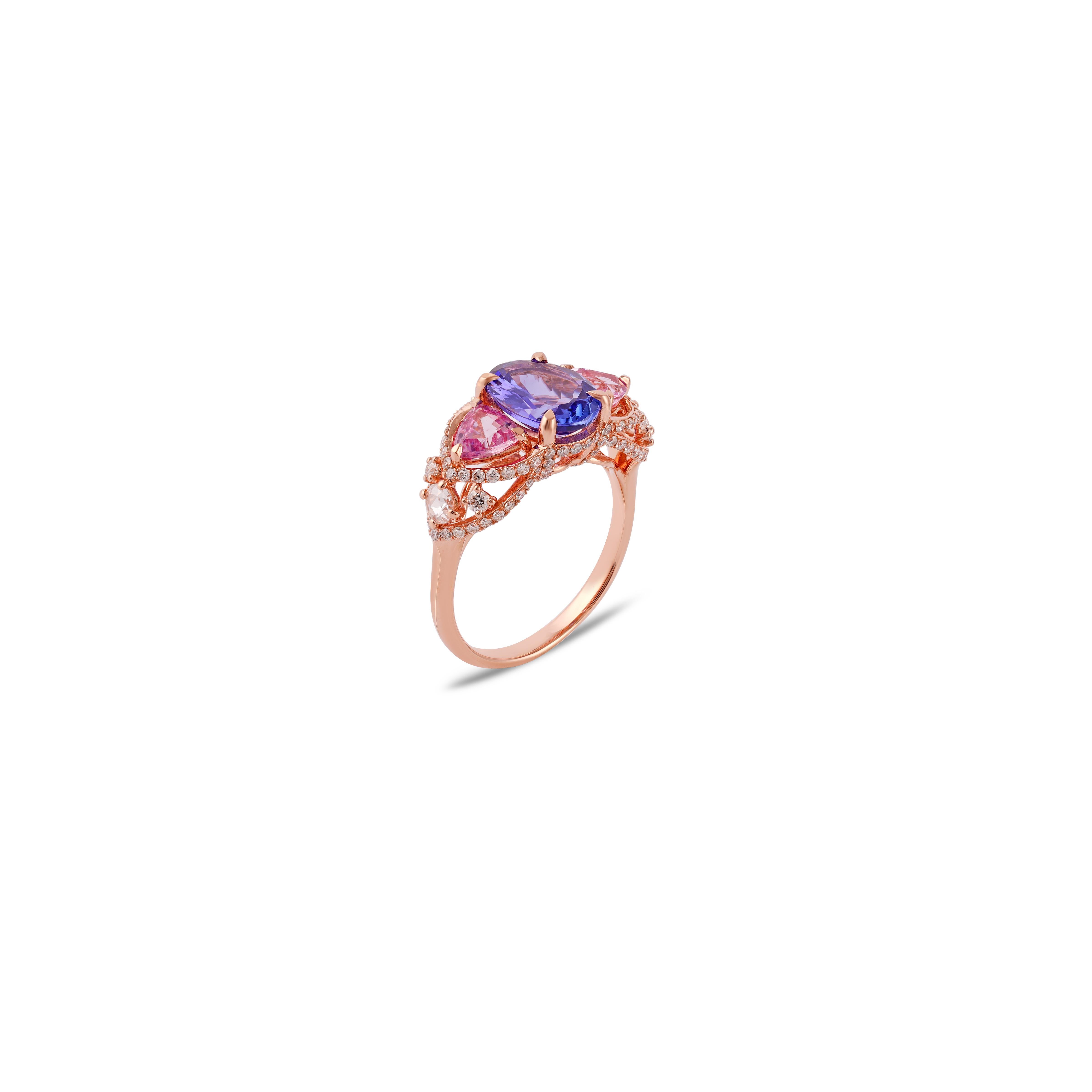 Contemporary 2.31 Carat Natural Tanzanite, Pink Sapphire and Diamond Ring 18k Rose Gold For Sale