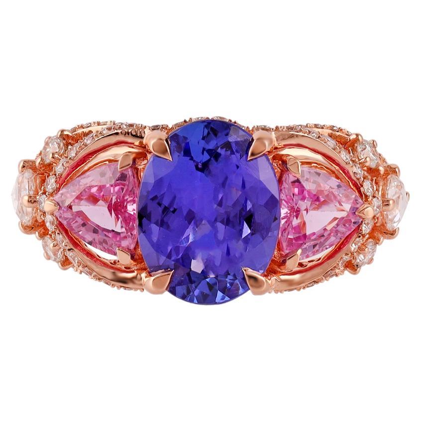 Bague en or rose 18 carats avec tanzanite naturelle de 2,31 carats, saphir rose et diamants