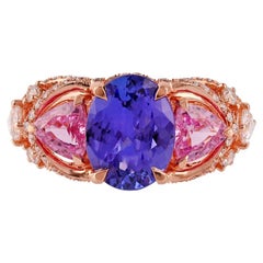 Bague en or rose 18 carats avec tanzanite naturelle de 2,31 carats, saphir rose et diamants