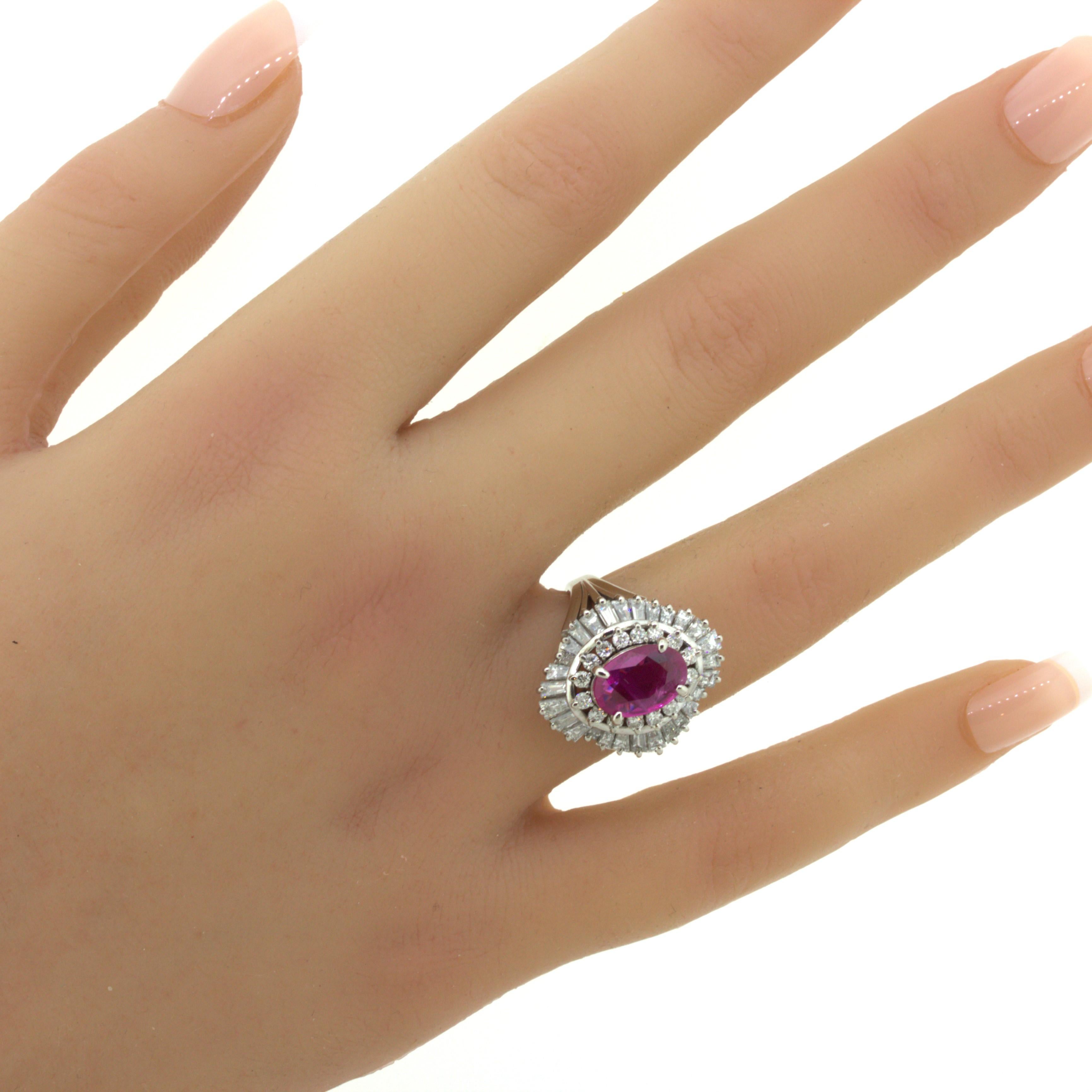 2.31 Carat No-Heat Burmese Ruby Diamond Platinum Ballerina Ring, AIGS Certified For Sale 5