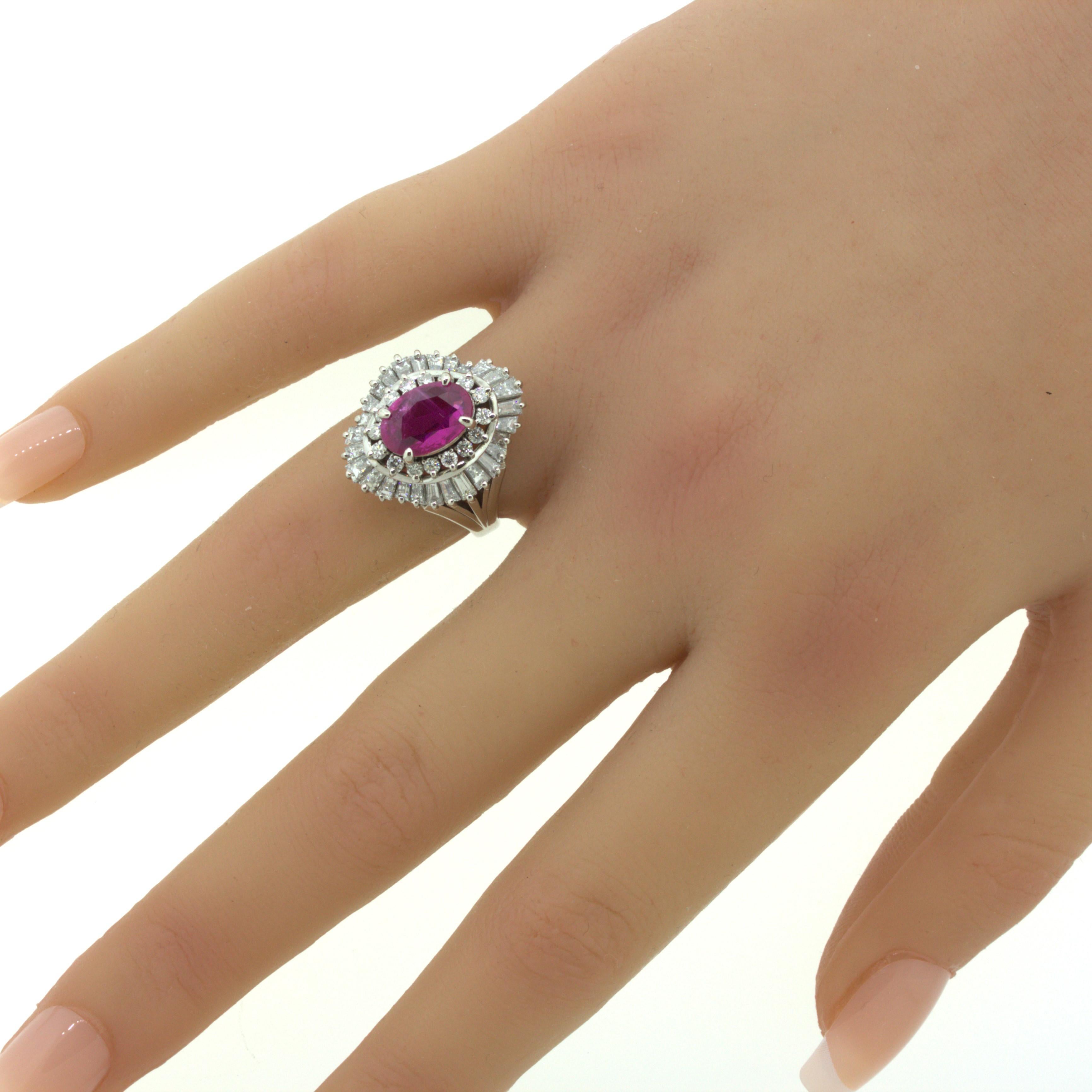 2.31 Carat No-Heat Burmese Ruby Diamond Platinum Ballerina Ring, AIGS Certified For Sale 7