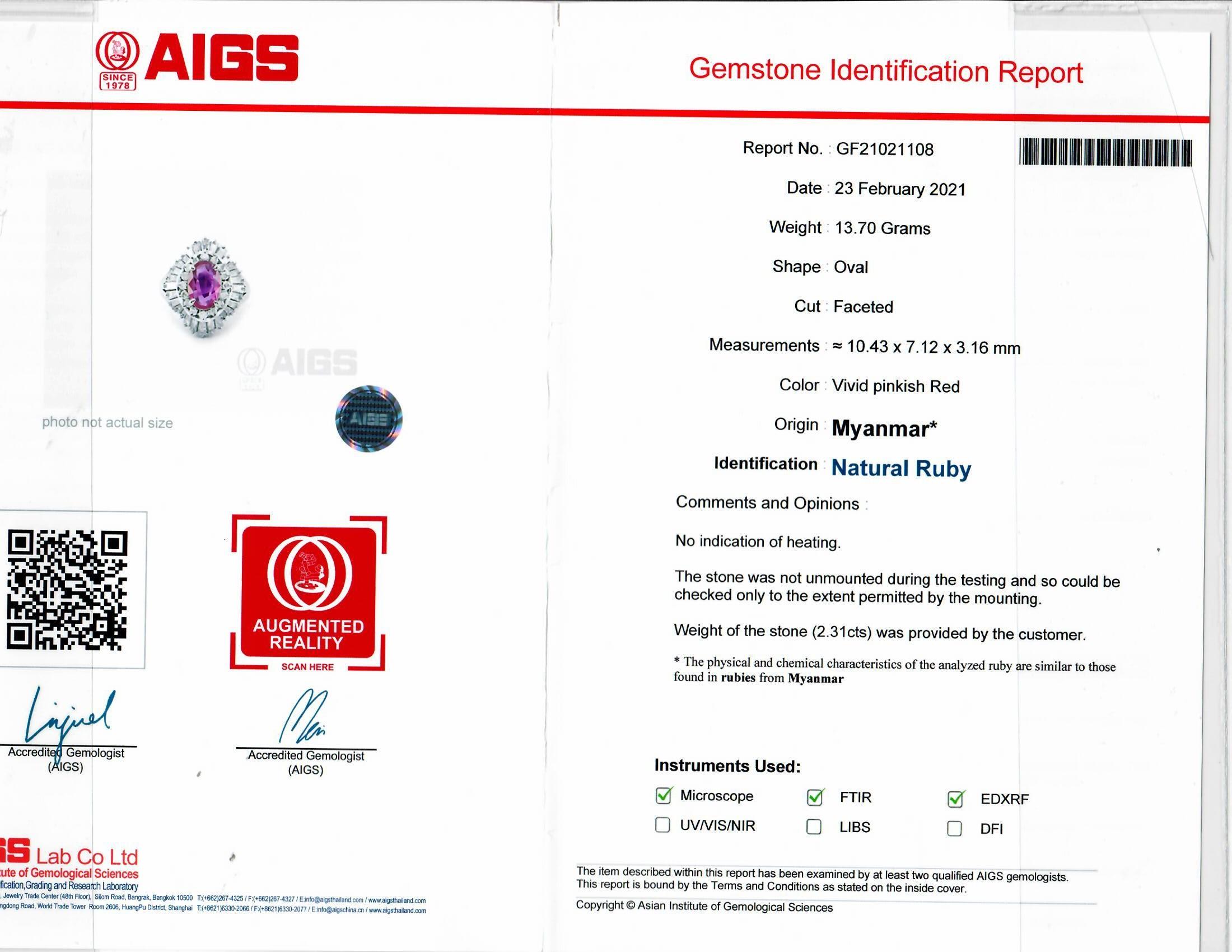2.31 Carat No-Heat Burmese Ruby Diamond Platinum Ballerina Ring, AIGS Certified For Sale 9