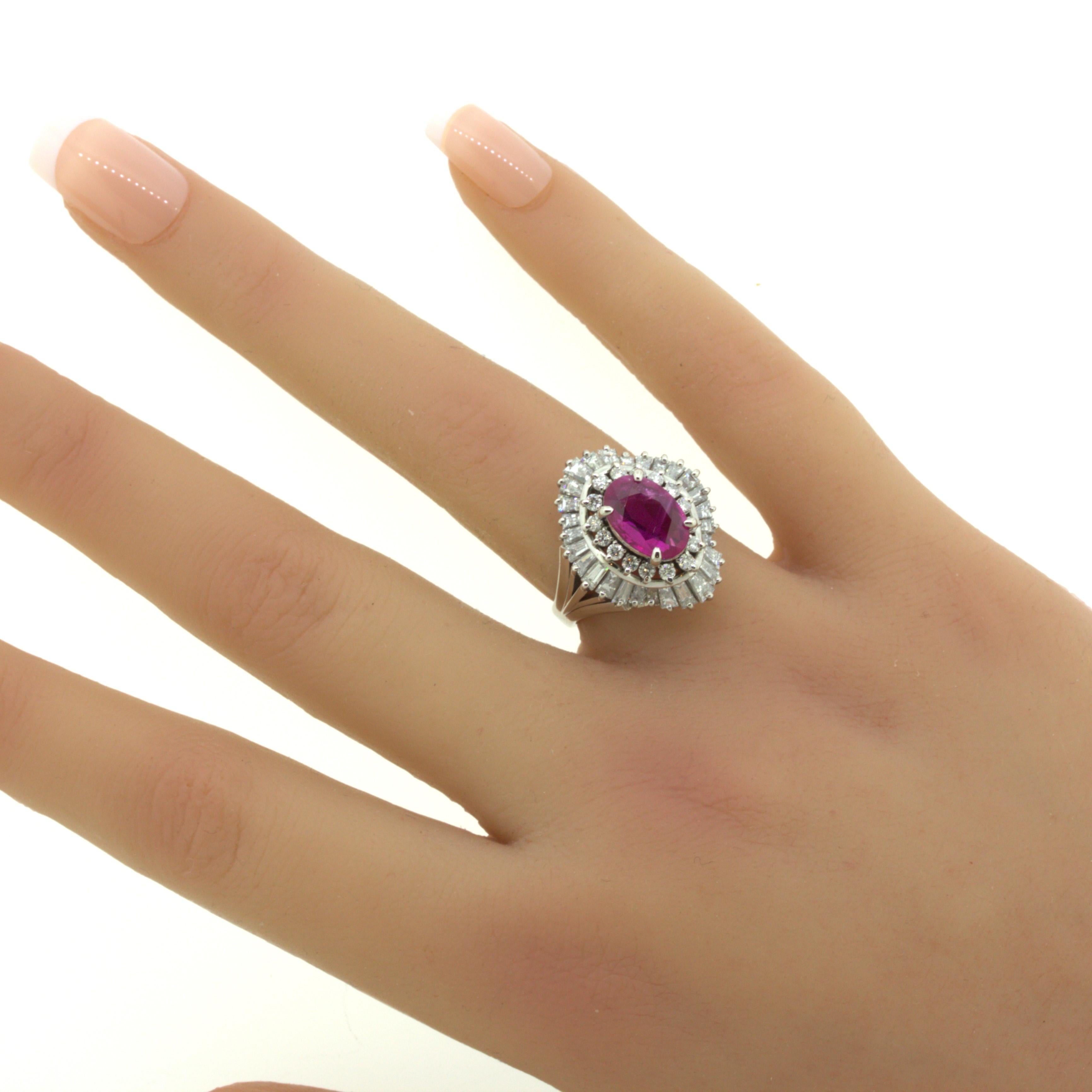 2.31 Carat No-Heat Burmese Ruby Diamond Platinum Ballerina Ring, AIGS Certified For Sale 4