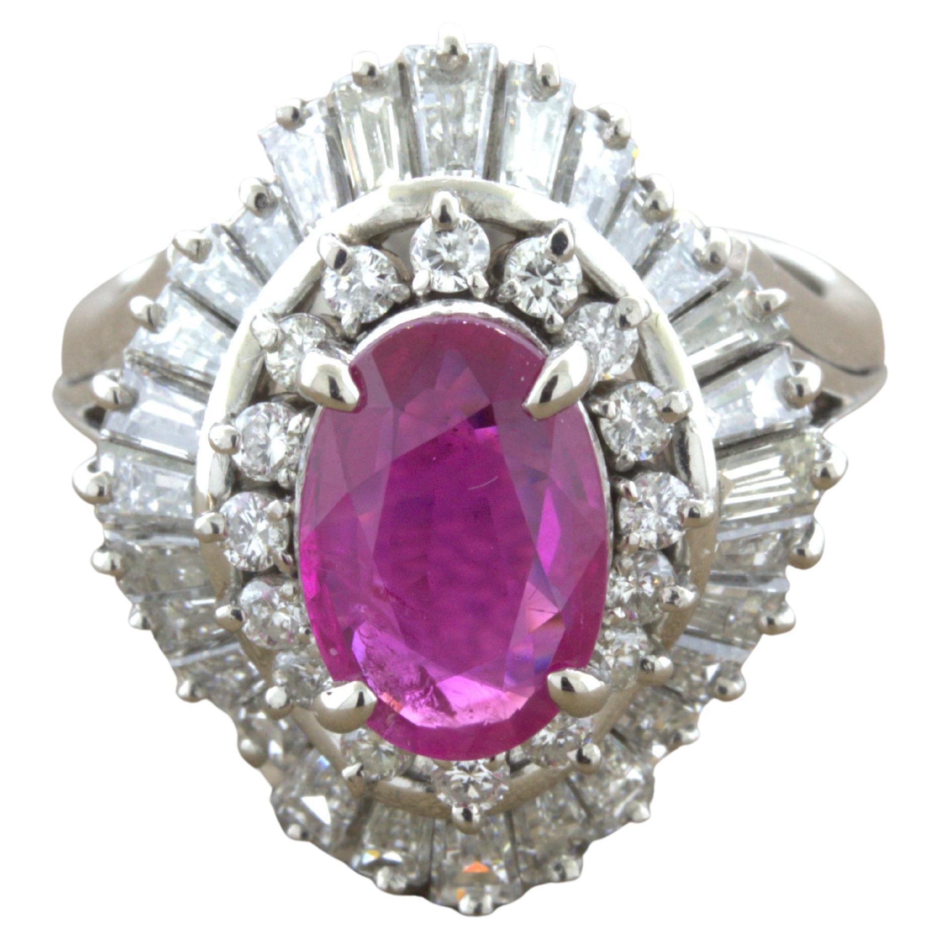 2.31 Carat No-Heat Burmese Ruby Diamond Platinum Ballerina Ring, AIGS Certified For Sale