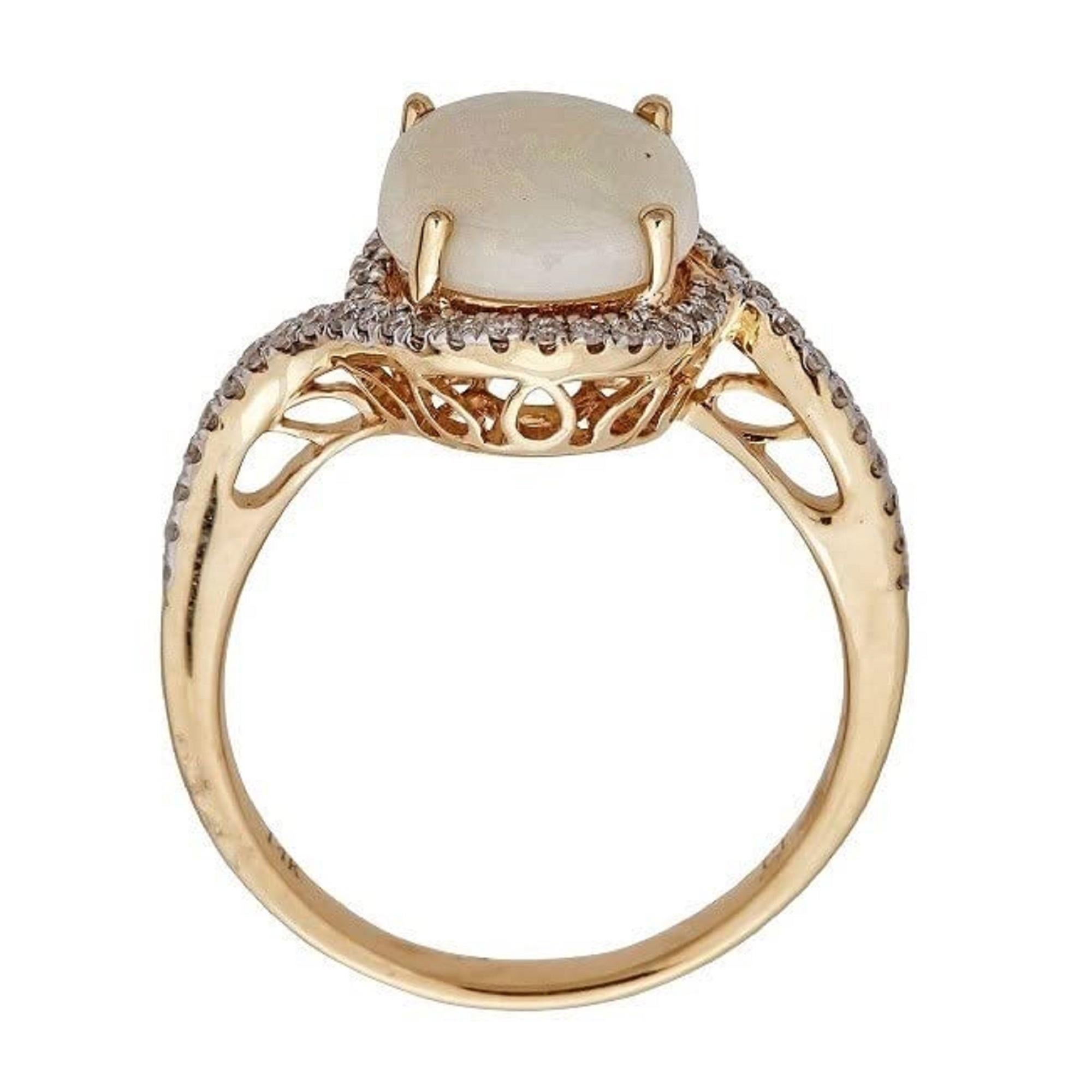 Decorate yourself in elegance with this Ring is crafted from 14-karat Yellow Gold by Gin & Grace Ring. This Ring is made up of 9x11 mm Oval-cab Ethiopian Opal (1Pcs) 2.31 Carat and Round-cut White Diamond (46 Pcs) 0.23 Carat. This Ring is weight