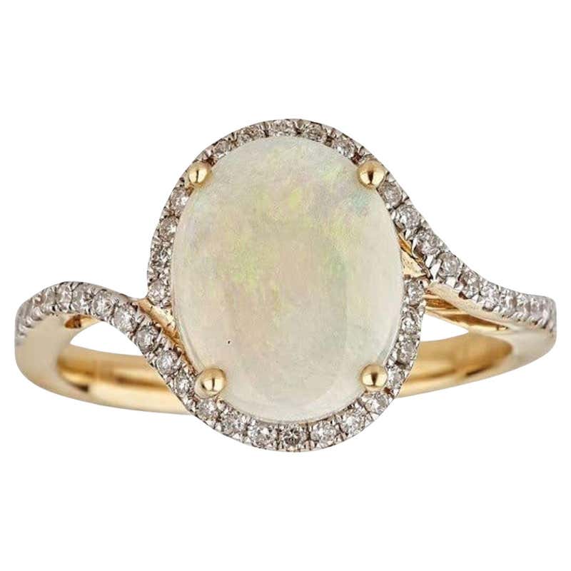 4.38 Carat Ethiopian Opal Oval Cab Diamond Accents 14K Yellow Gold Ring ...