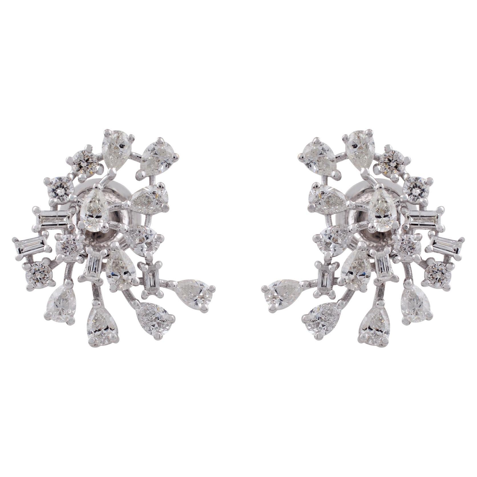 2.31 Carat Pear Baguette Diamond Stud Earrings Solid 14k White Gold Fine Jewelry
