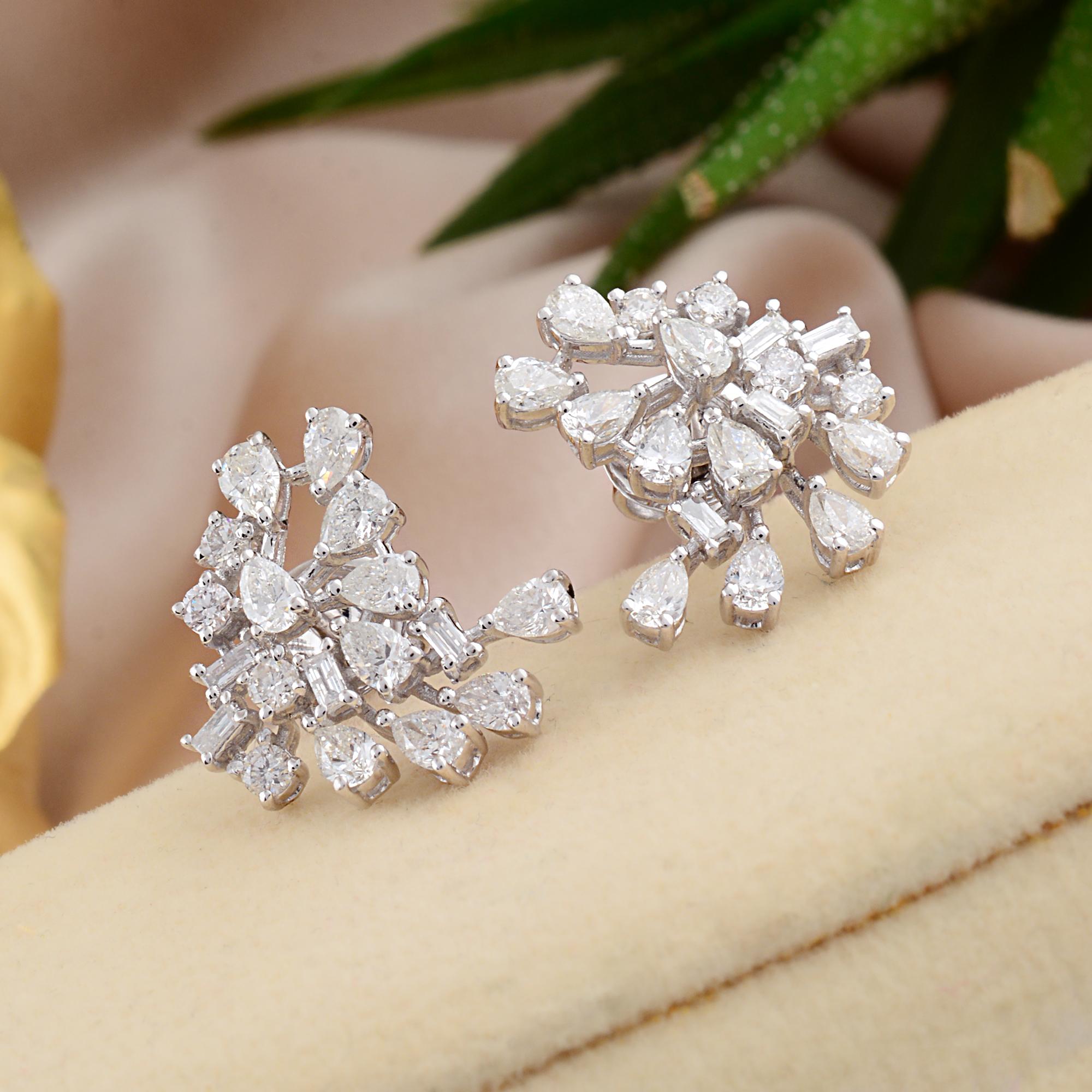 Modern 2.31 Carat Pear Baguette Diamond Stud Earrings Solid 18k White Gold Fine Jewelry For Sale