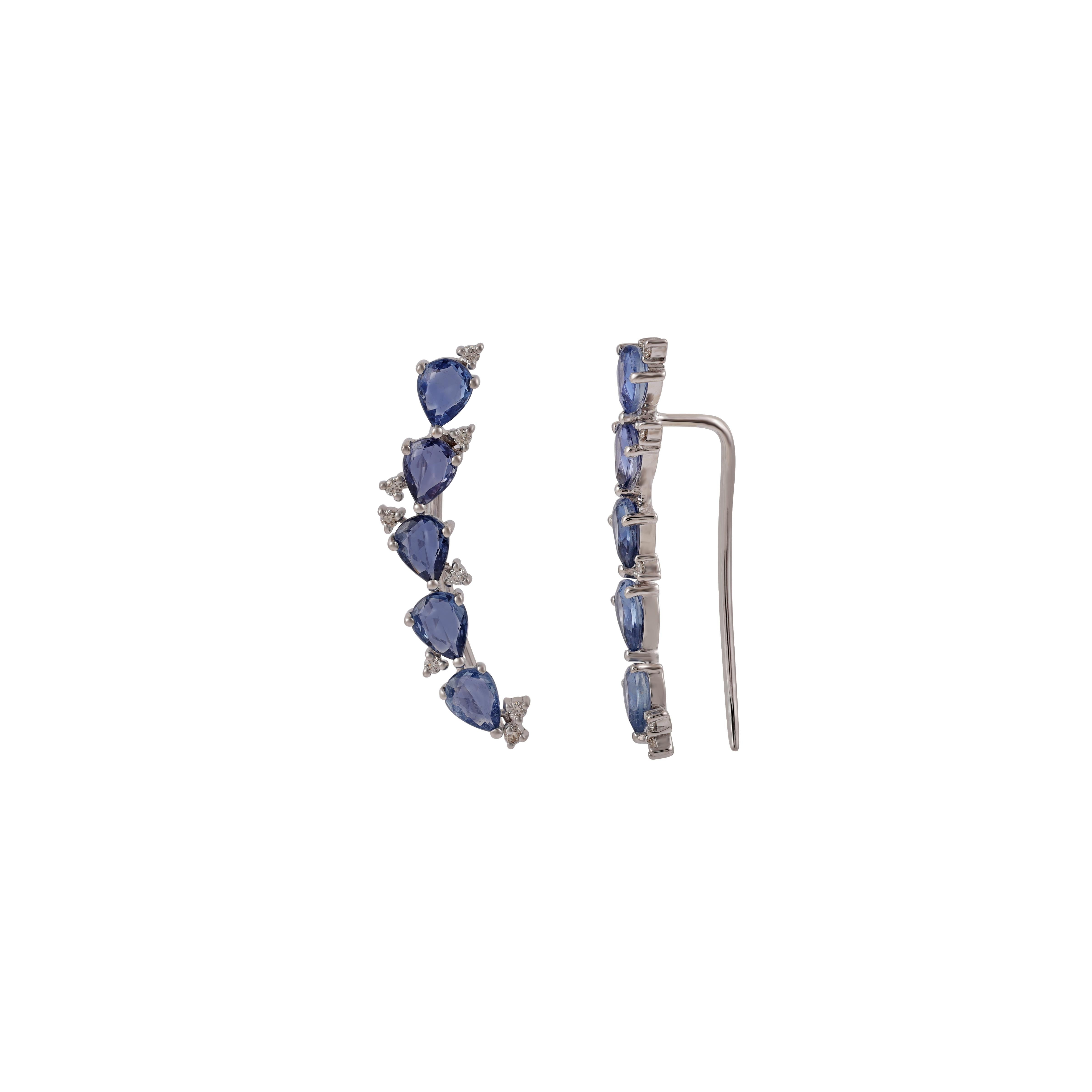 Modern 2.31 Carat Real Sapphire Ear Climber 18k White Gold & Diamonds For Sale