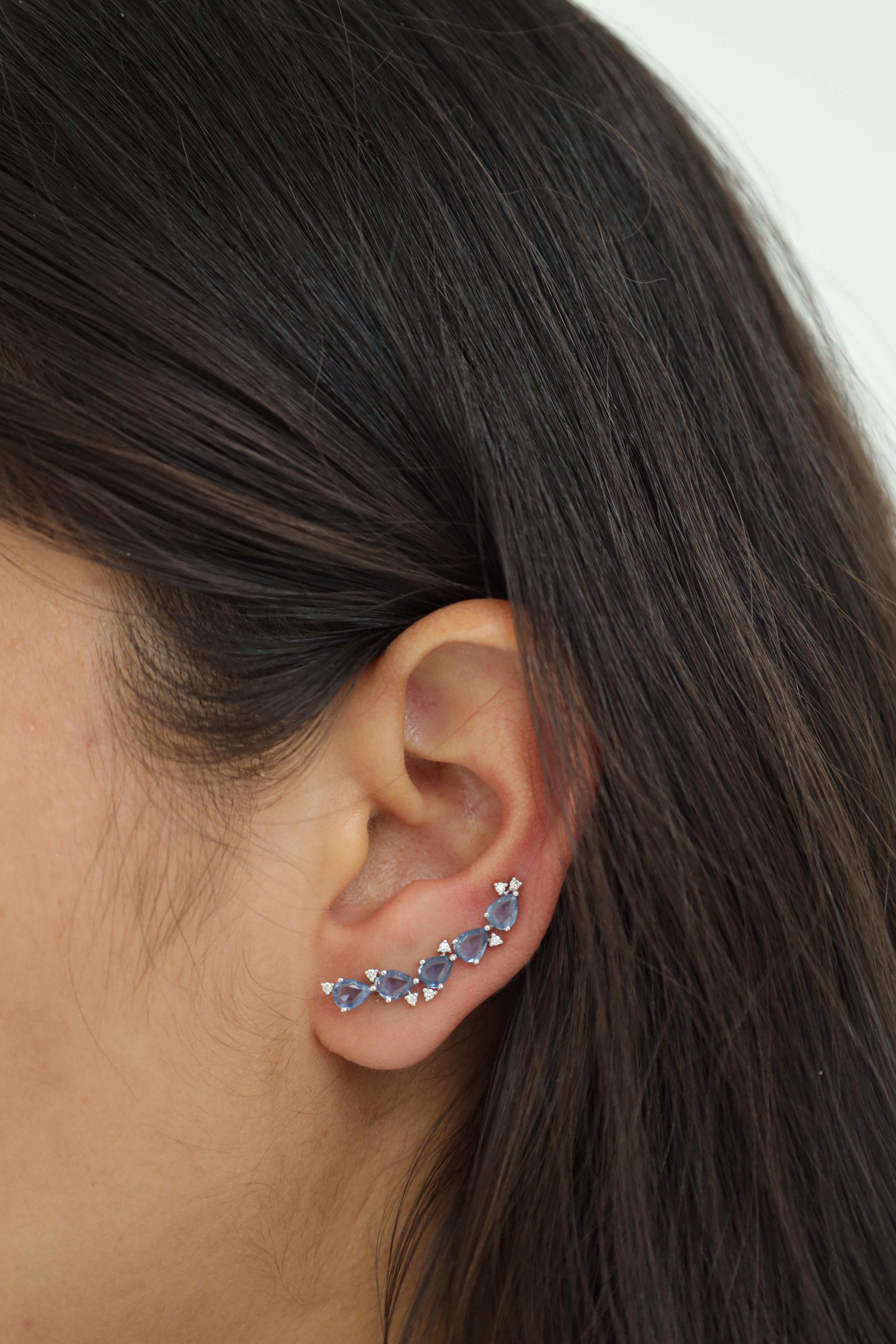 Pear Cut 2.31 Carat Real Sapphire Ear Climber 18k White Gold & Diamonds For Sale