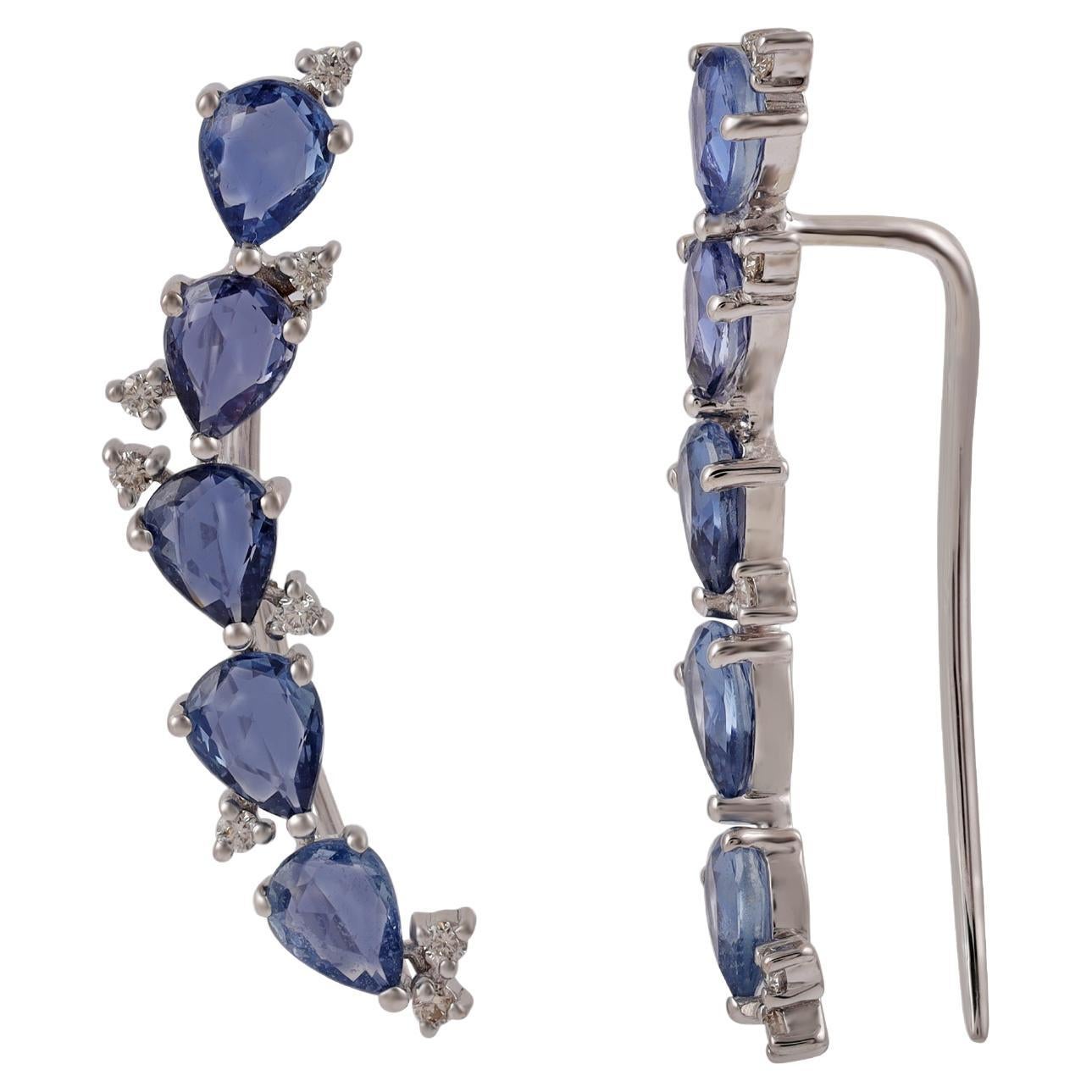 2.31 Carat Real Sapphire Ear Climber 18k White Gold & Diamonds For Sale