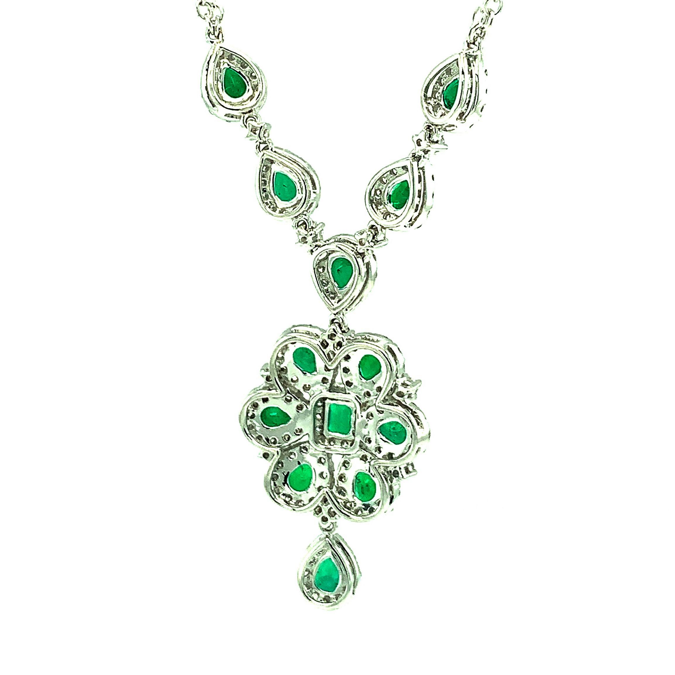Artisan 2.31 Carat Total Emerald Pear Drop Necklace with Diamonds in 18k White Gold    For Sale