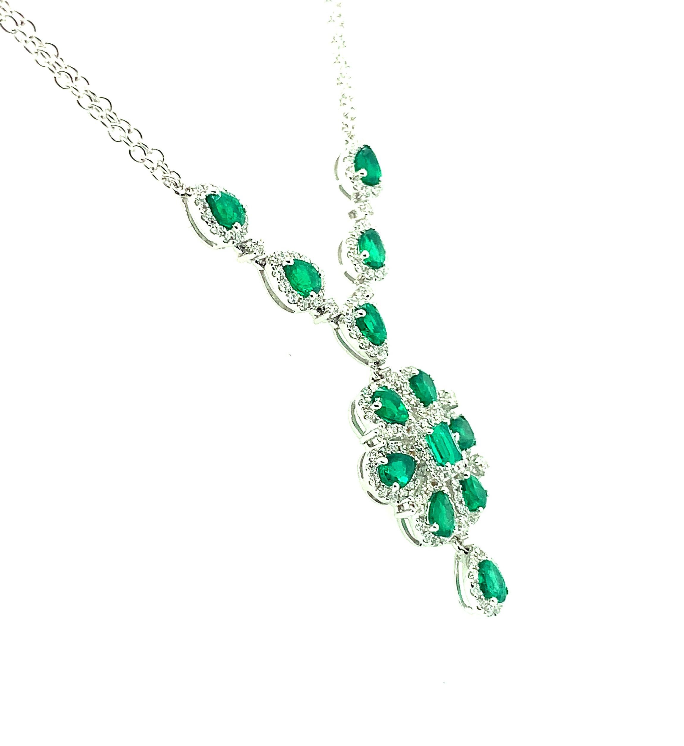 Pear Cut 2.31 Carat Total Emerald Pear Drop Necklace with Diamonds in 18k White Gold    For Sale